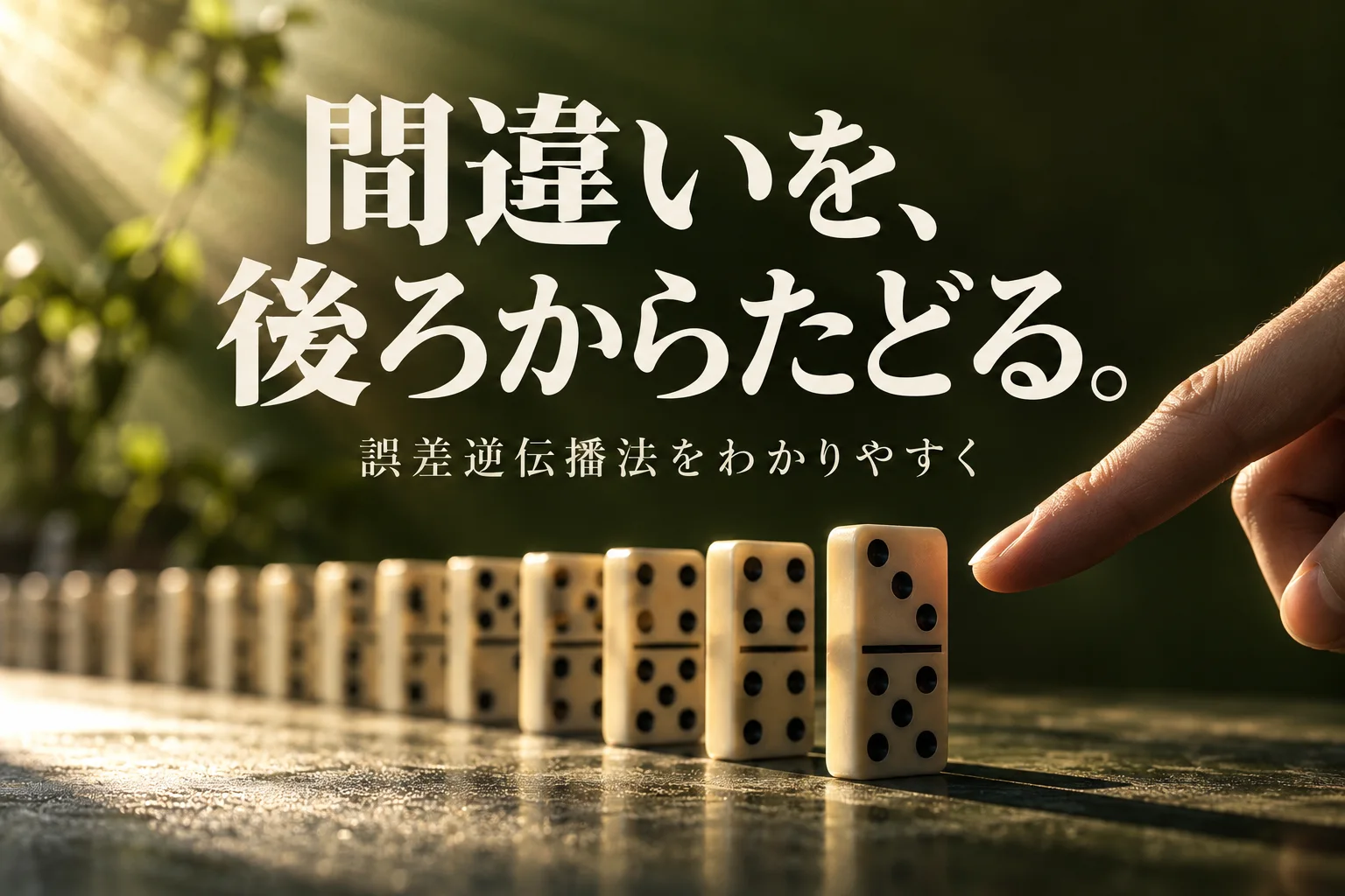 一列に並んだドミノの最後の1枚を指さす構図。見出し「間違いを、 後ろからたどる。」、小見出し「誤差逆伝播法をわかりやすく」を重ねた生成画像。