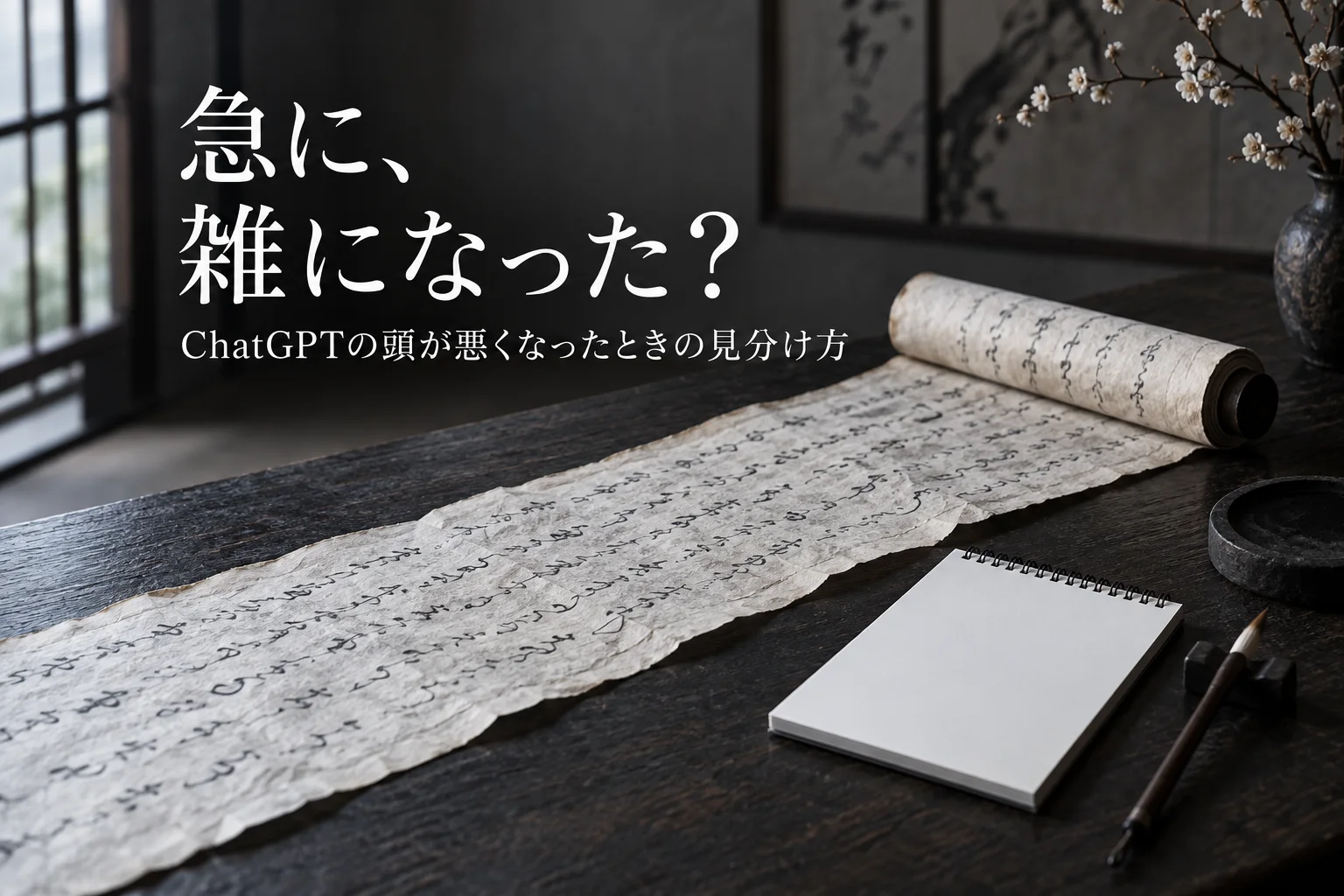 長く伸びた紙の巻物の横に置いた、新しい白紙のメモ帳。見出し「急に、 雑になった?」、小見出し「ChatGPTの頭が悪くなったときの見分け方」を重ねた生成画像。