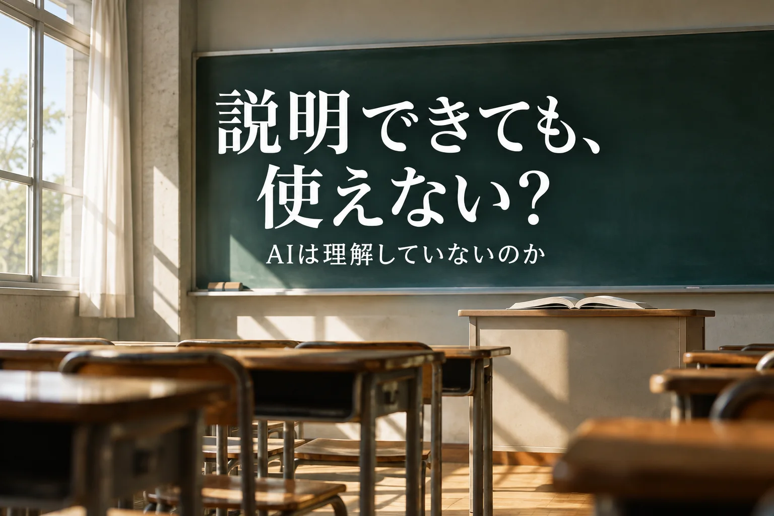 何も書かれていない黒板と、教卓に置いた文字のない教科書。見出し「説明できても、 使えない?」、小見出し「AIは理解していないのか」を重ねた生成画像。
