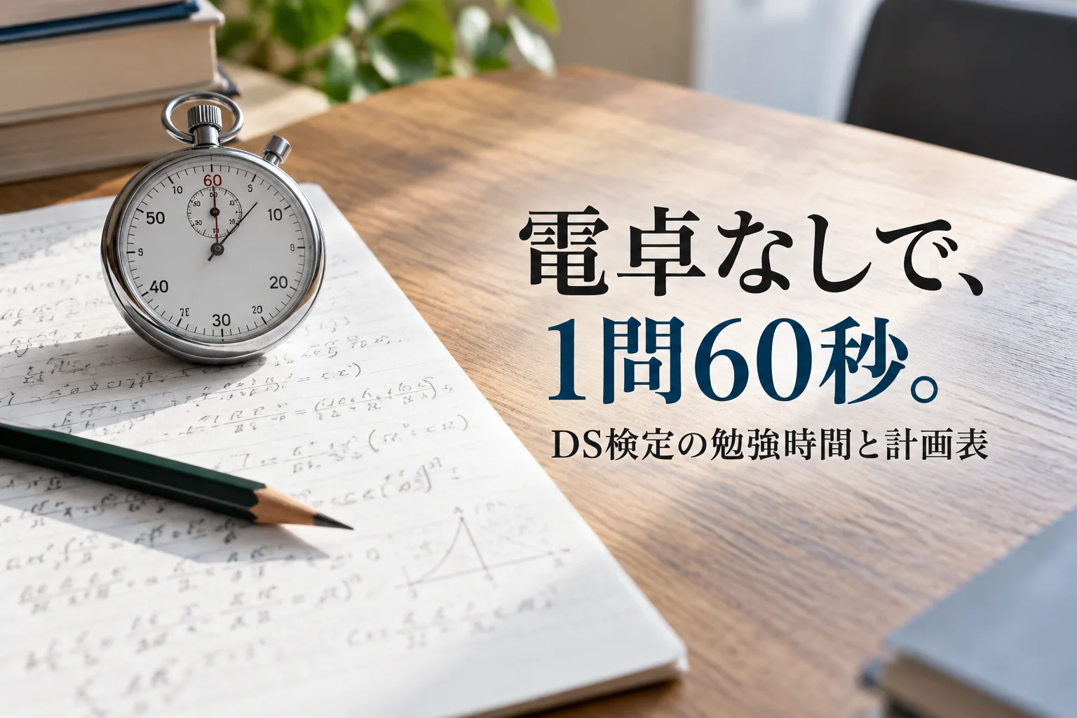 手書きの計算メモと鉛筆、ストップウォッチ。見出し「電卓なしで、 1問60秒。」、小見出し「DS検定の勉強時間と計画表」を重ねた生成画像。