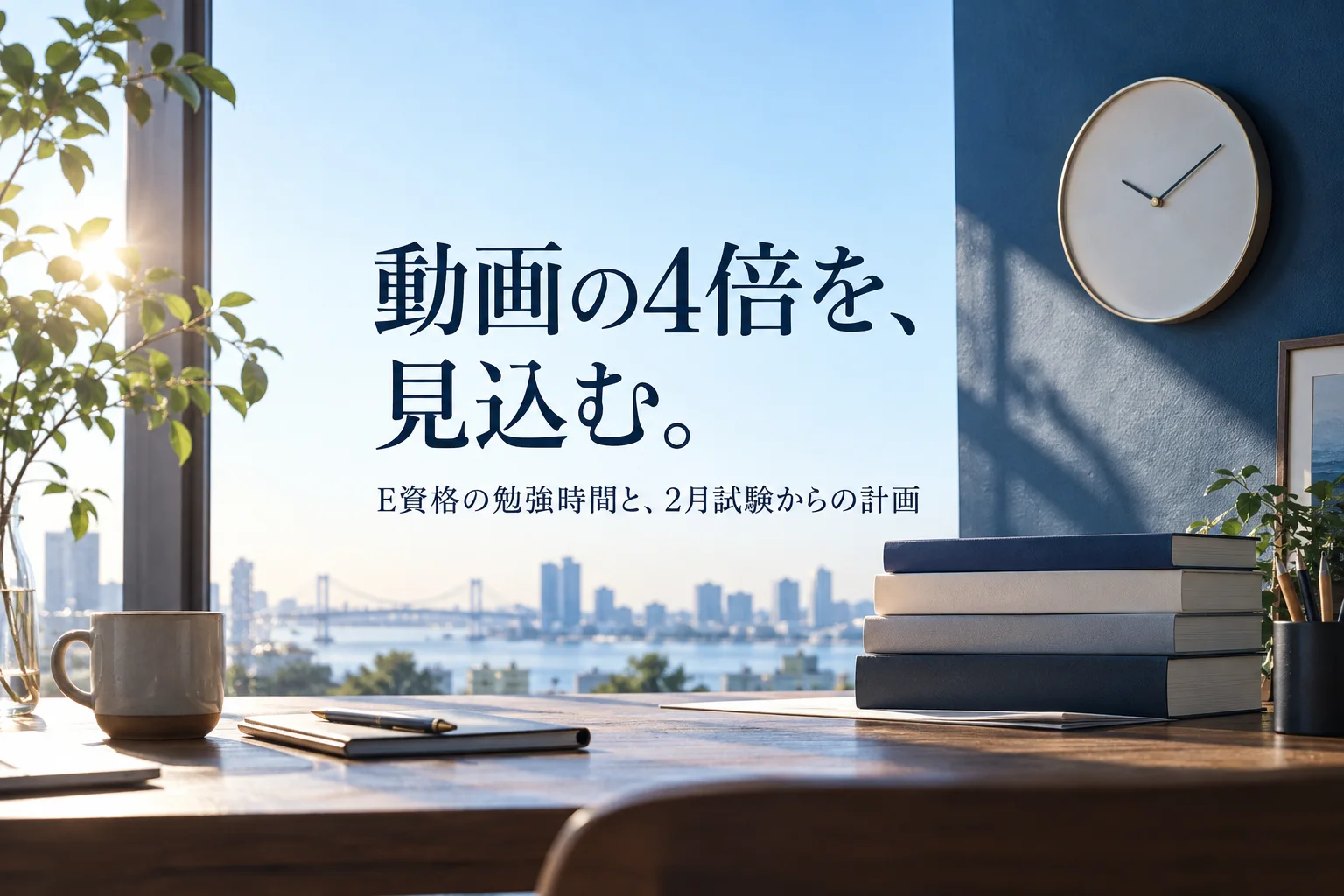 積み重ねた専門書と、数字のない文字盤の壁掛け時計。見出し「動画の4倍を、 見込む。」、小見出し「E資格の勉強時間と、2月試験からの計画」を重ねた生成画像。