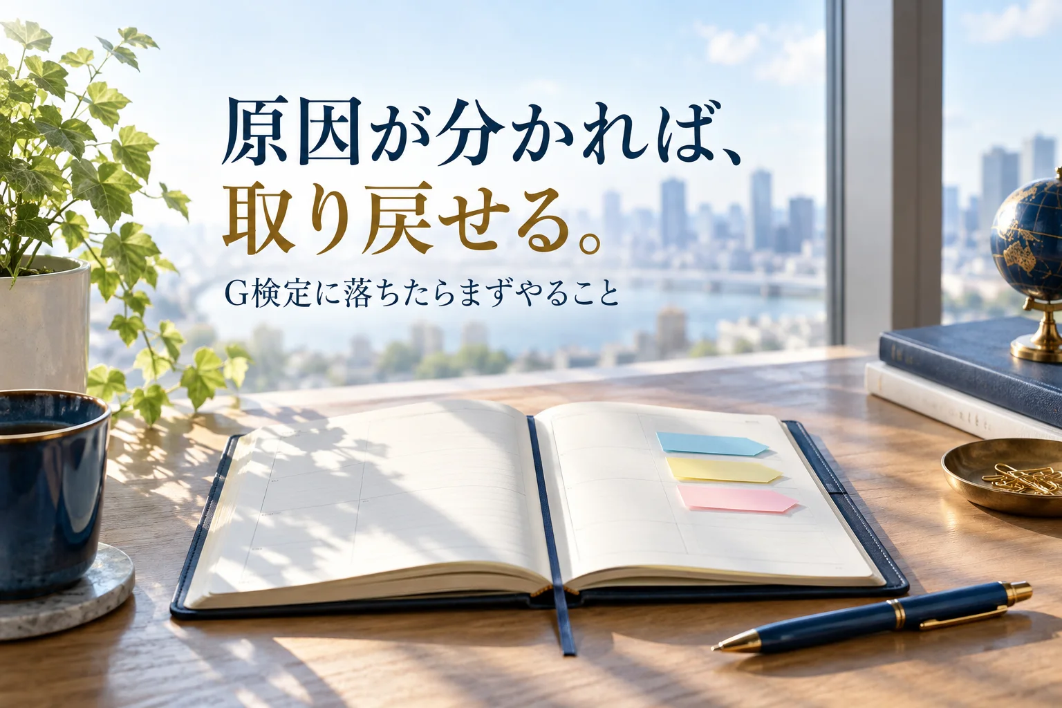 窓際の机で開いた手帳と、次の予定を示す色付きの付箋。見出し「原因が分かれば、 取り戻せる。」、小見出し「G検定に落ちたらまずやること」を重ねた生成画像。