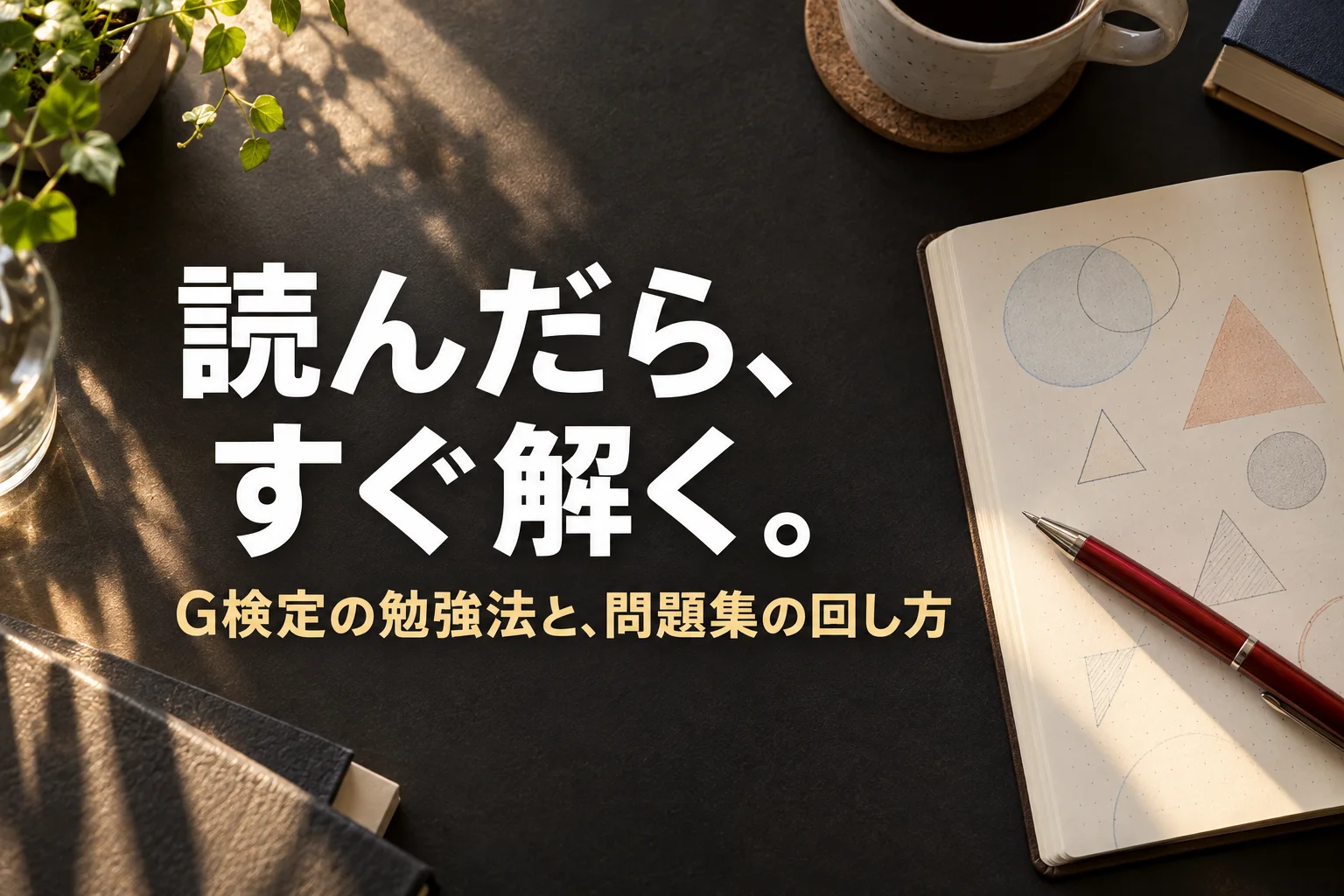 開いたノートに付けた○と△の印と、赤ペン。見出し「読んだら、 すぐ解く。」、小見出し「G検定の勉強法と、問題集の回し方」を重ねた生成画像。