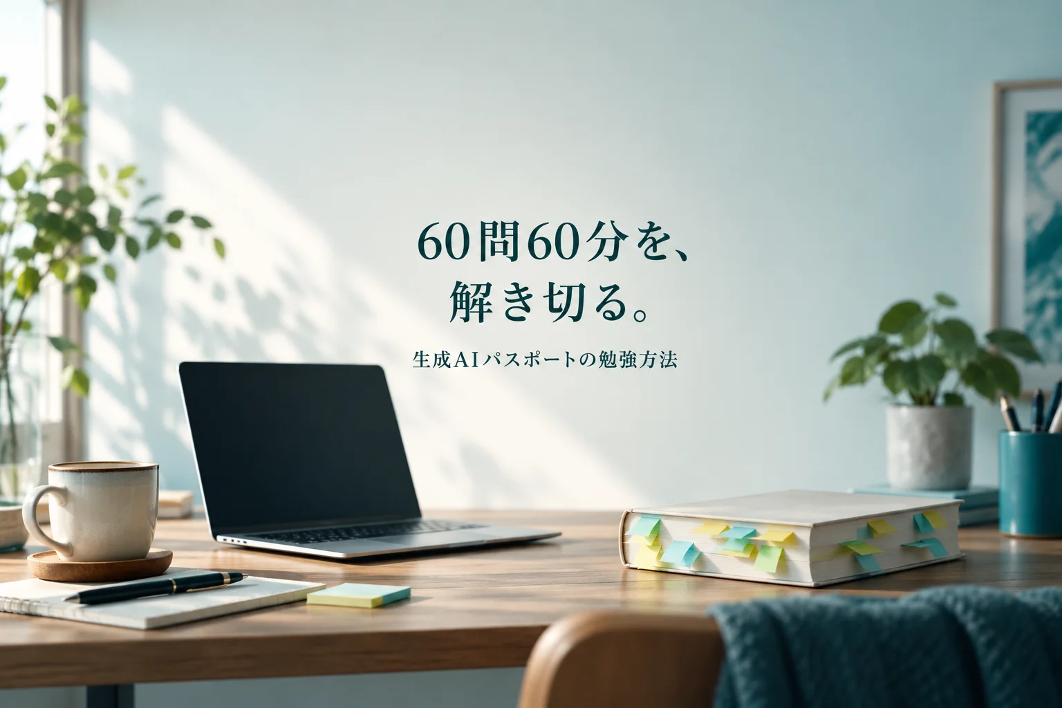 画面が無地のノートPCと、付箋をたくさん貼った表紙の文字のないテキスト。見出し「60問60分を、 解き切る。」、小見出し「生成AIパスポートの勉強方法」を重ねた生成画像。