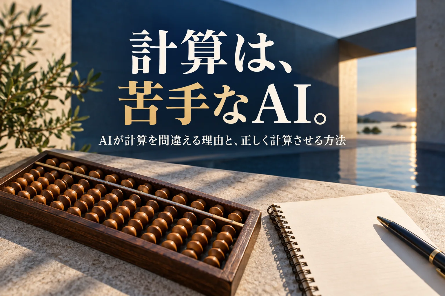 木のそろばんと、数字の書かれていないメモ用紙。見出し「計算は、 苦手なAI。」、小見出し「AIが計算を間違える理由と、正しく計算させる方法」を重ねた生成画像。