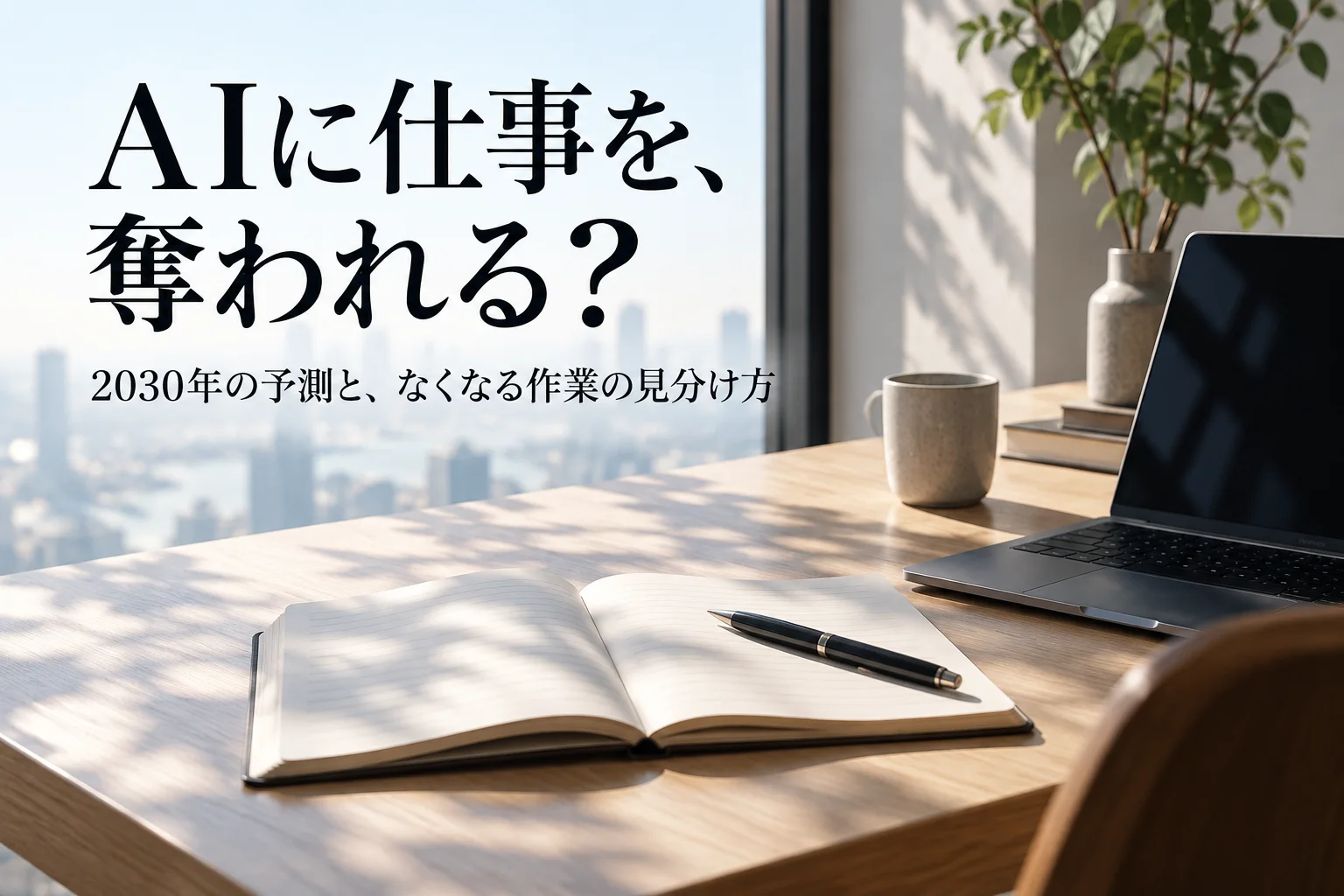 明るい机に、開いたノートとペン、その横に画面が暗いノートPC。見出し「AIに仕事を、奪われる？」を重ねた記事の表紙。