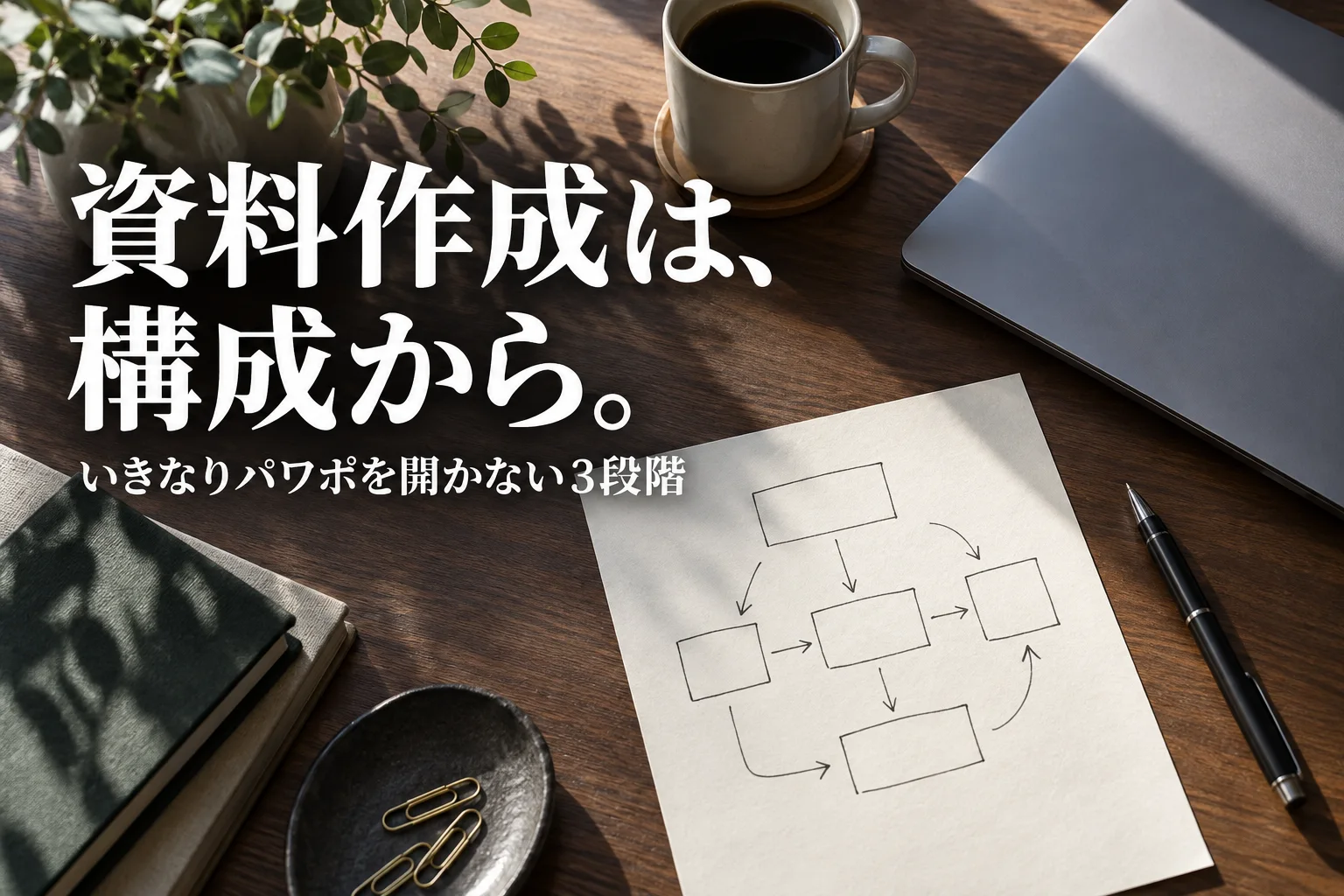 机に四角と矢印だけを手書きした構成メモと、閉じたノートPC。見出し「資料作成は、構成から。」を重ねた記事の表紙。