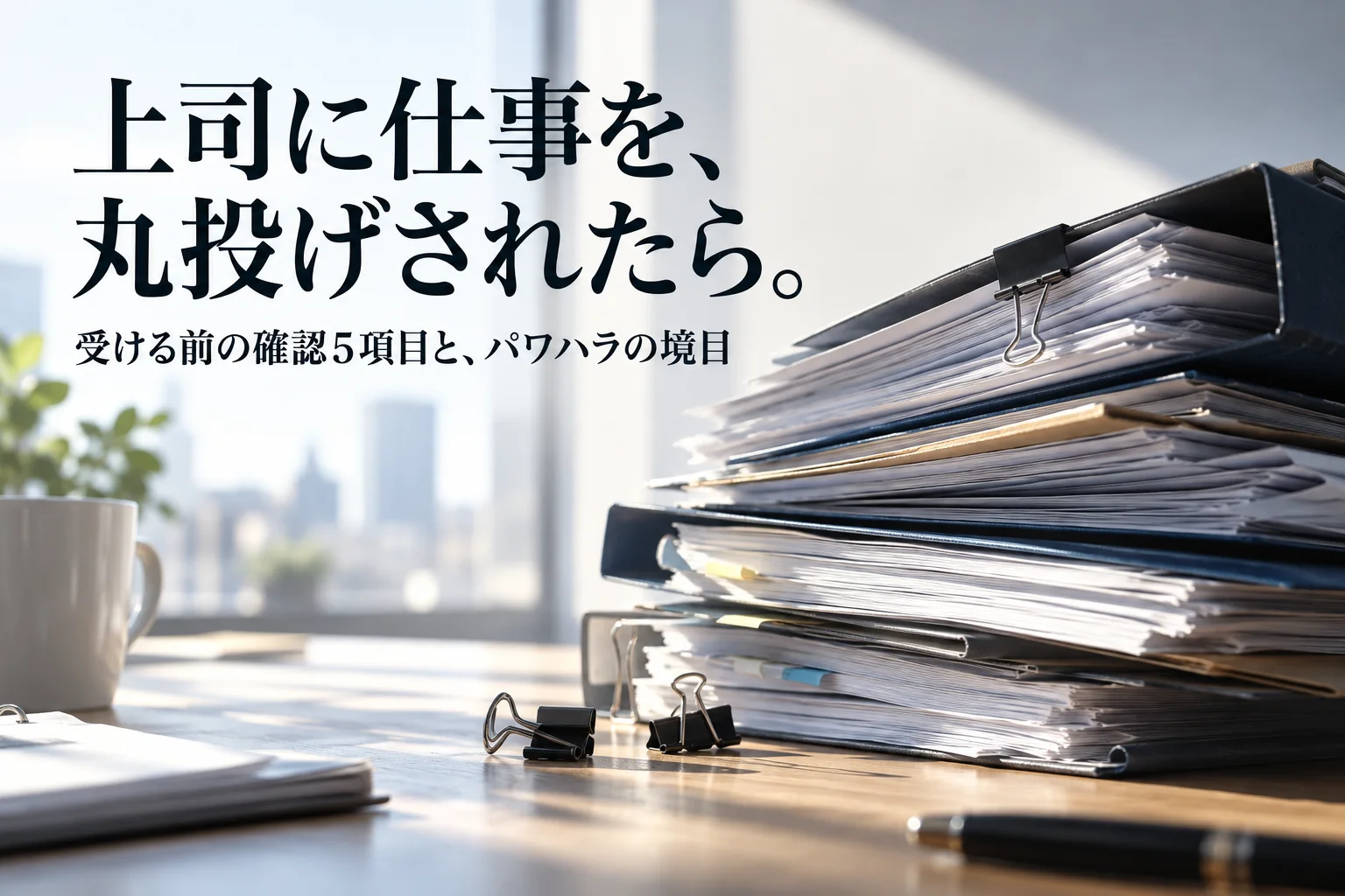 窓の光の机に、どさっと置かれたファイルの束とクリップ。見出し「上司に仕事を、丸投げされたら。」を重ねた記事の表紙。