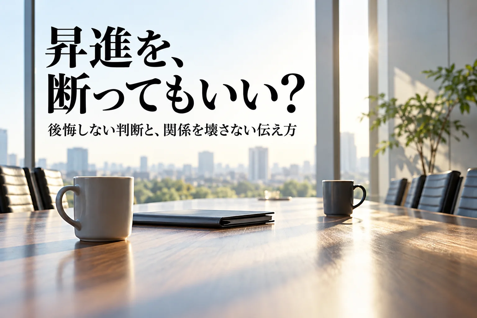 ガラス越しに光が入る会議室のテーブルに、マグカップ2つと閉じたファイル。見出し「昇進を、断ってもいい？」を重ねた記事の表紙。