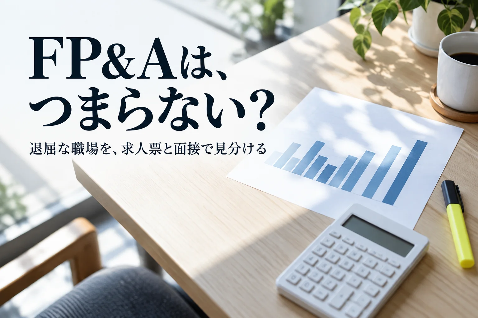 明るい机に、数字のない棒グラフを印刷した紙、電卓、蛍光ペン。見出し「FP&Aは、つまらない?」を重ねた記事の表紙。