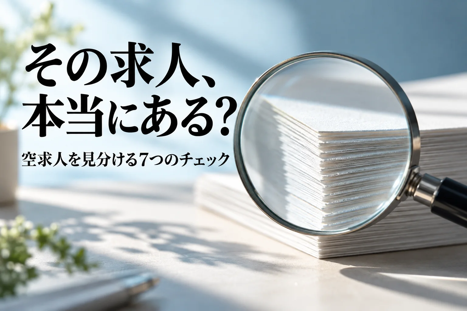 明るい机に虫眼鏡と、無地の紙の束。見出し「その求人、本当にある？」を重ねた記事の表紙。
