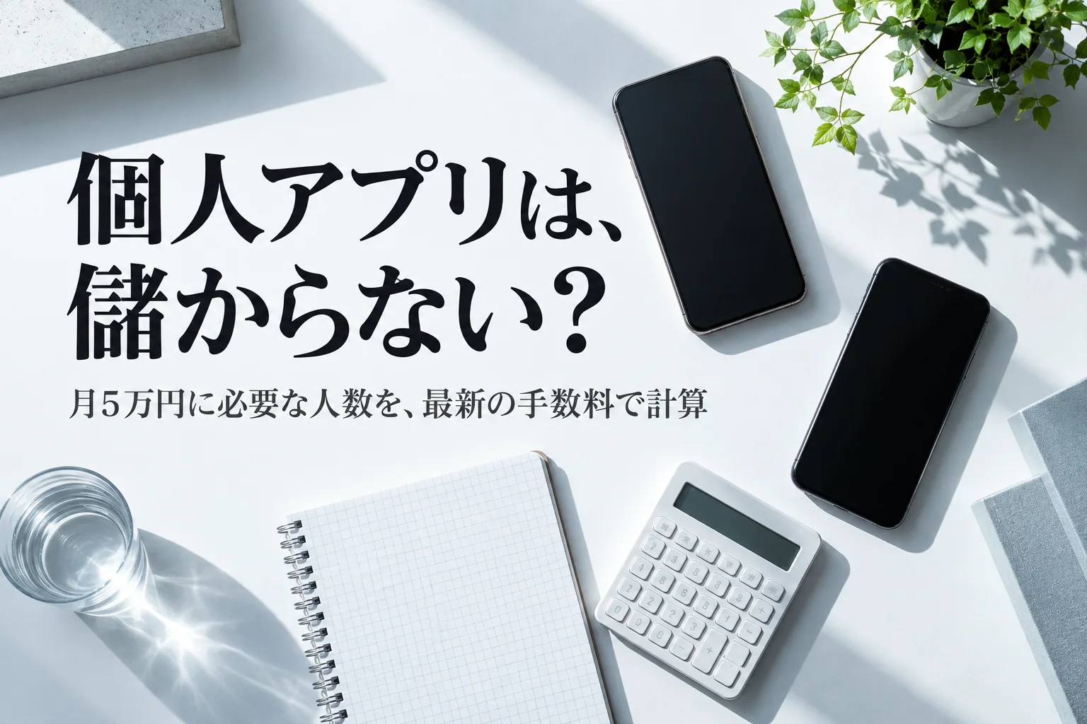 白い机に画面を消したスマホ2台、電卓、方眼ノート（文字や数字は書かない）。見出し「個人アプリは、儲からない？」を重ねた記事の表紙。