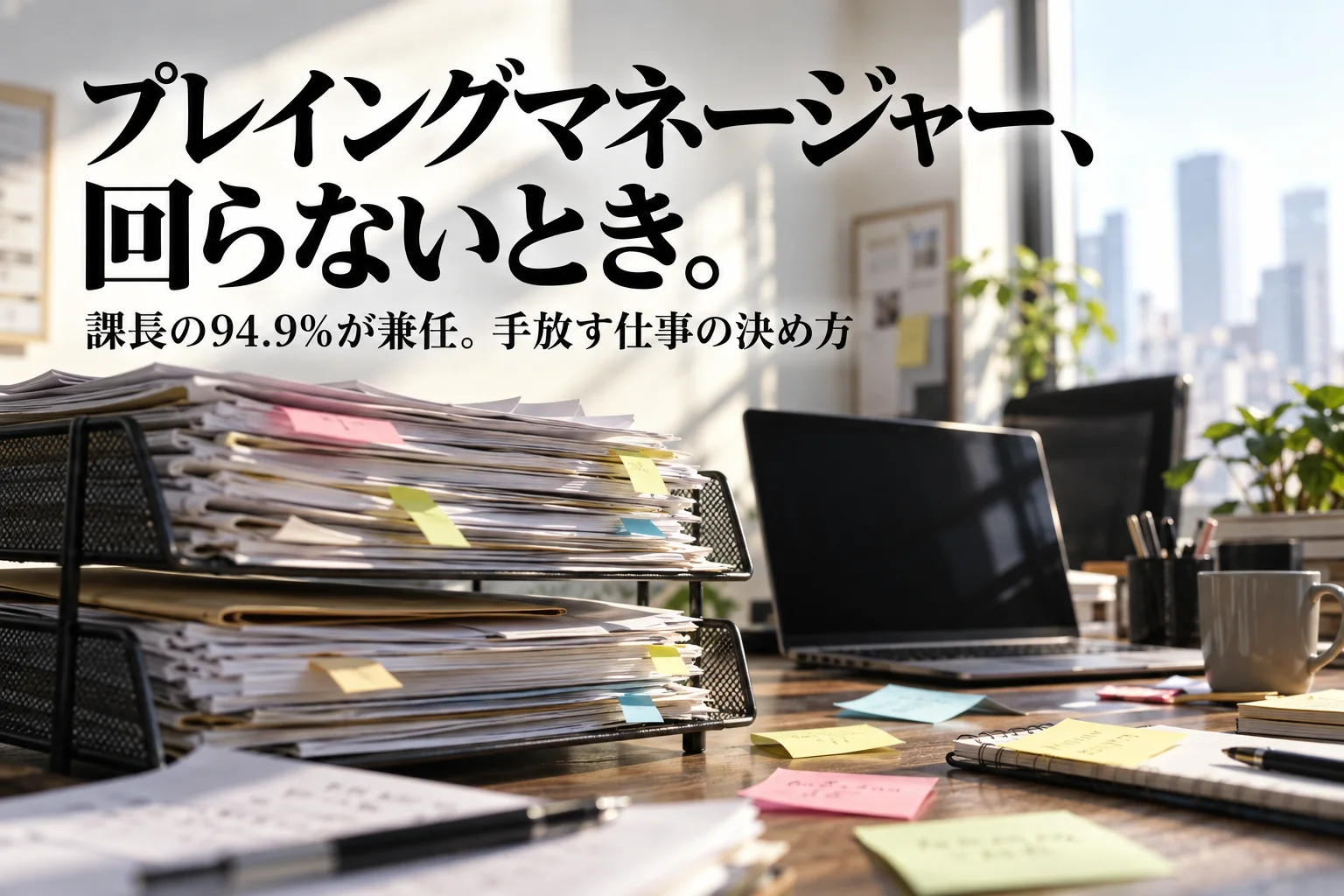 机の上に積み上がった2段の書類トレイ、画面が暗いノートPC、散らばった付箋。見出し「プレイングマネージャー、回らないとき。」を重ねた記事の表紙。