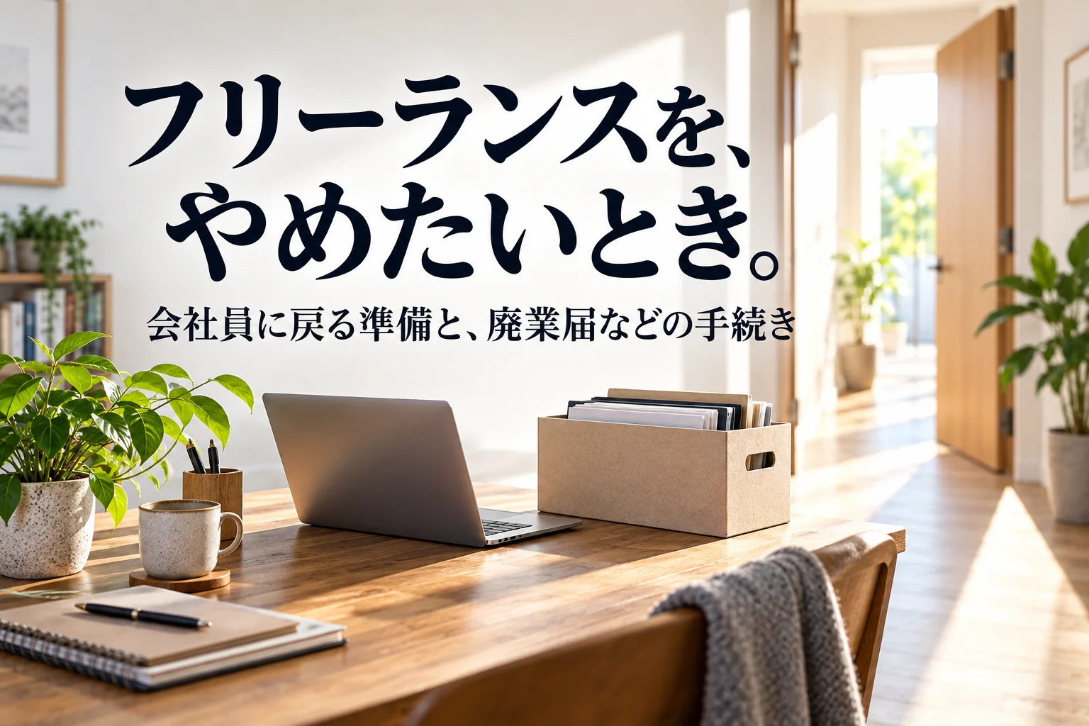 片付けた自宅の作業机に、書類を入れた箱とノートPC、観葉植物。見出し「フリーランスを、やめたいとき。」を重ねた記事の表紙。