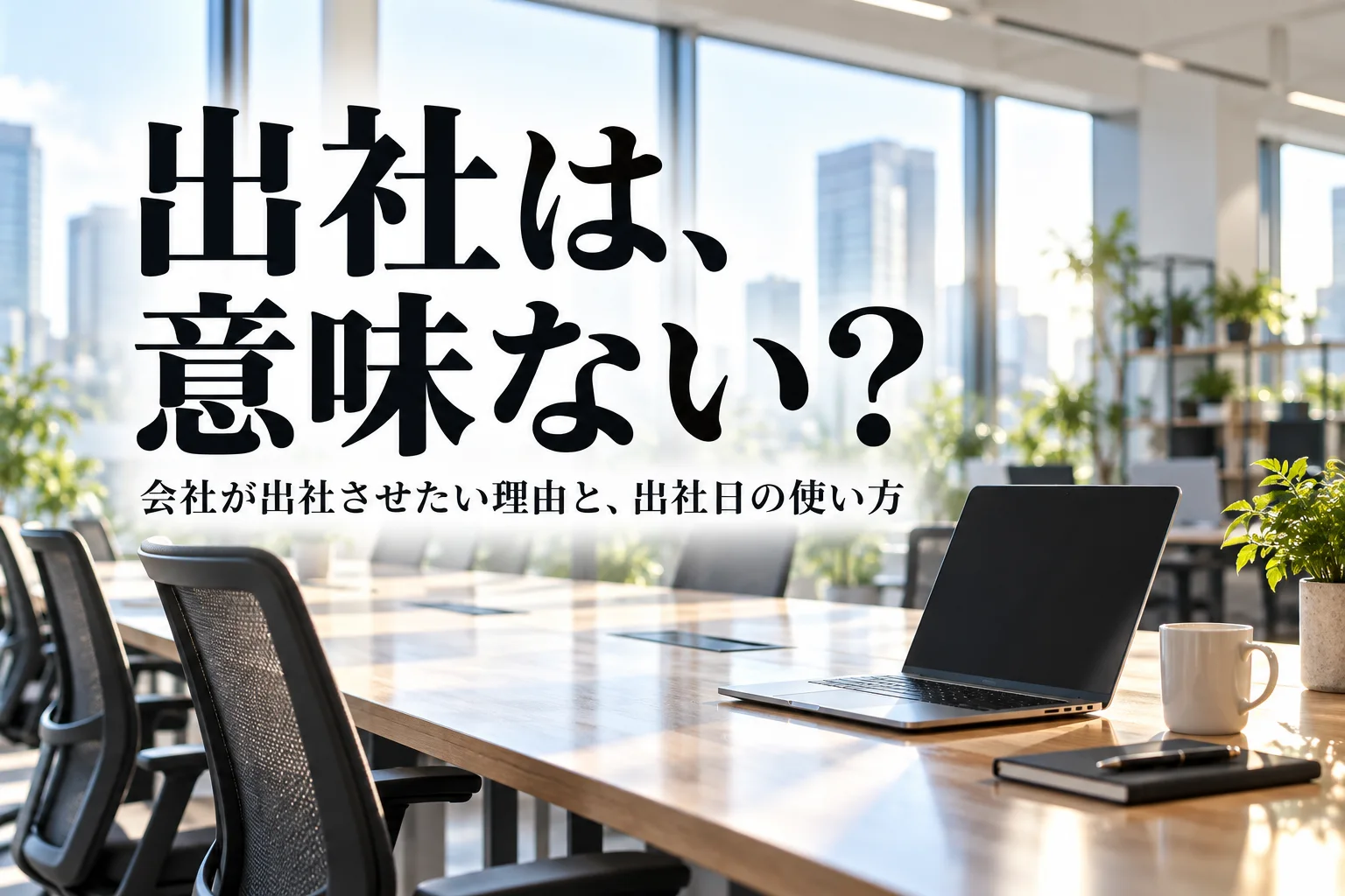 朝の明るいオフィス。空いたフリーアドレスの机と、画面が暗いノートPC。見出し「出社は、意味ない？」を重ねた記事の表紙。