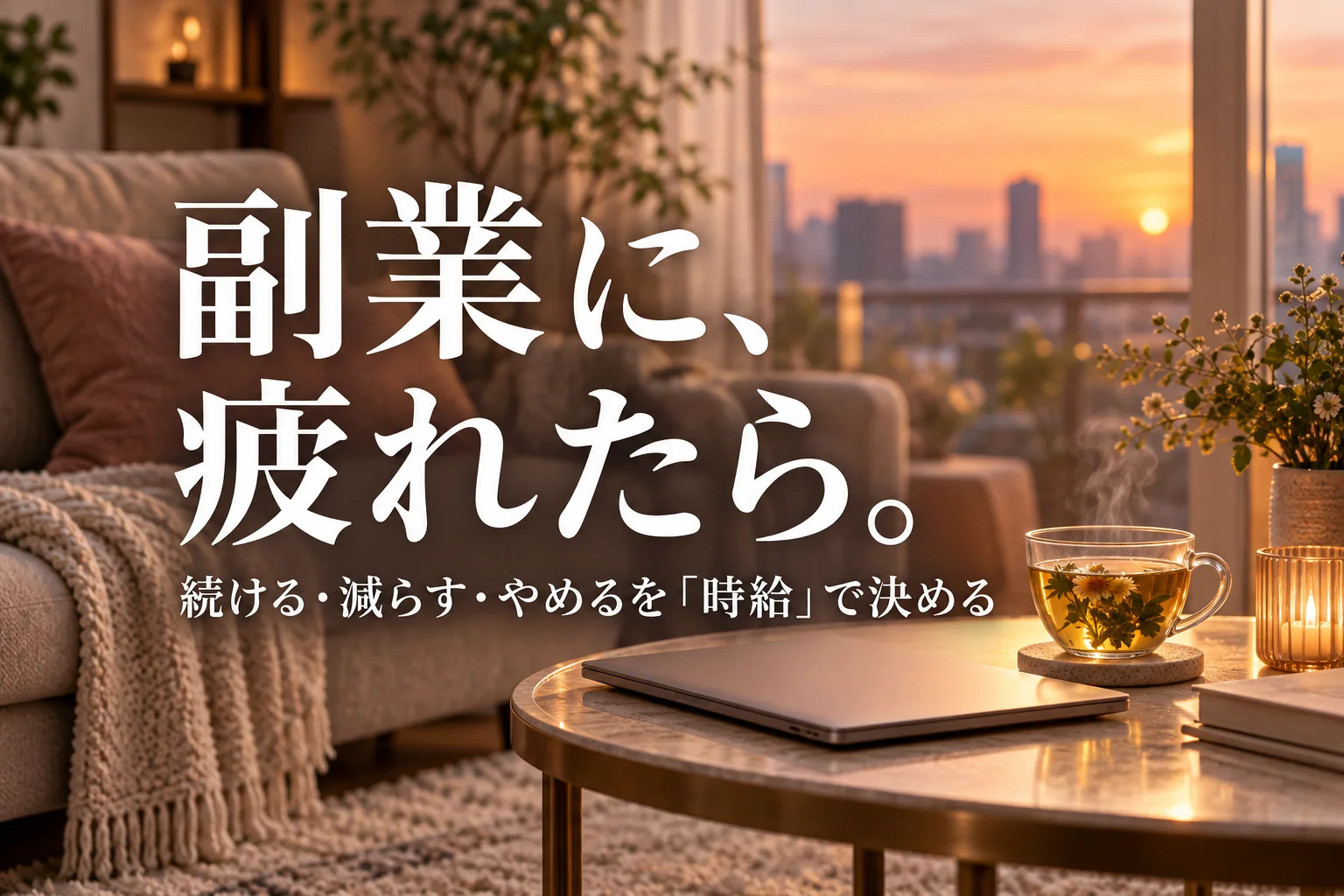 夕方のソファ脇の小さなテーブルに、閉じたノートPCとハーブティー。見出し「副業に、疲れたら。」を重ねた記事の表紙。