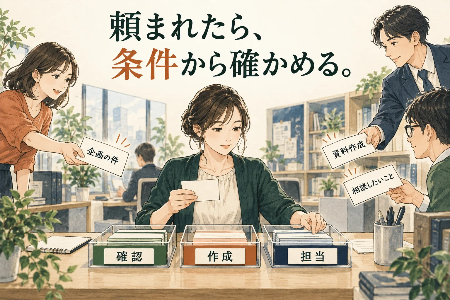 仕事を頼まれやすい人が疲れる前に｜即答を減らし、依頼の入口と担当をそろえる方法の主題を描いた独自の生成イラスト。