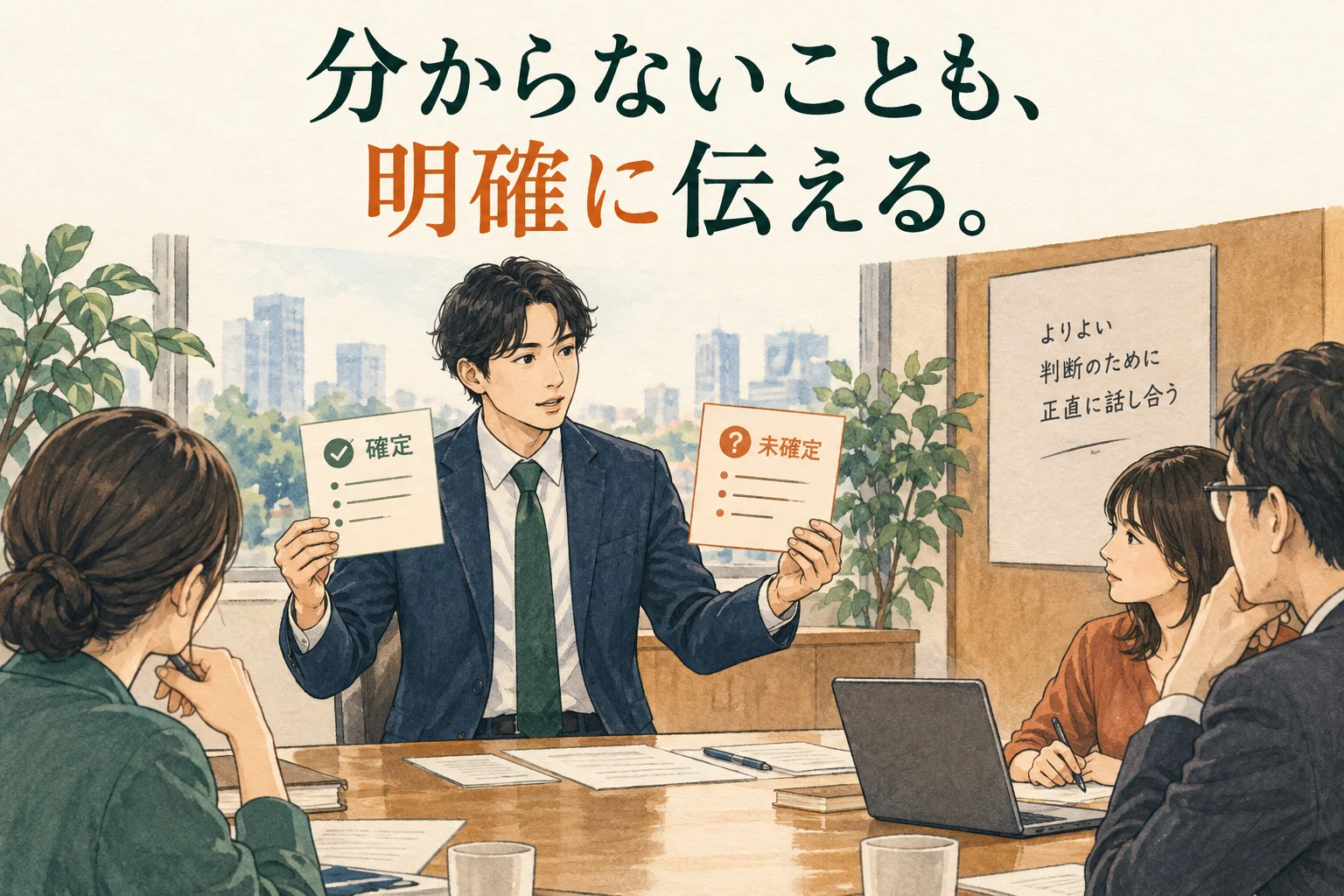 プレゼンの質疑応答で答えられないとき｜ごまかさずに伝える返答例と準備の仕方の主題を描いた独自の生成イラスト。