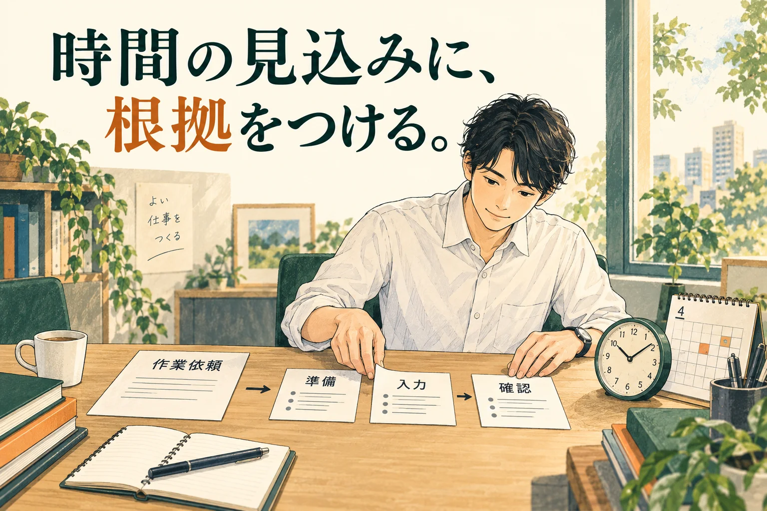 工数見積もりができないとき｜作業の分解から、不明点の伝え方まで具体例で解説の主題を描いた独自の生成イラスト。