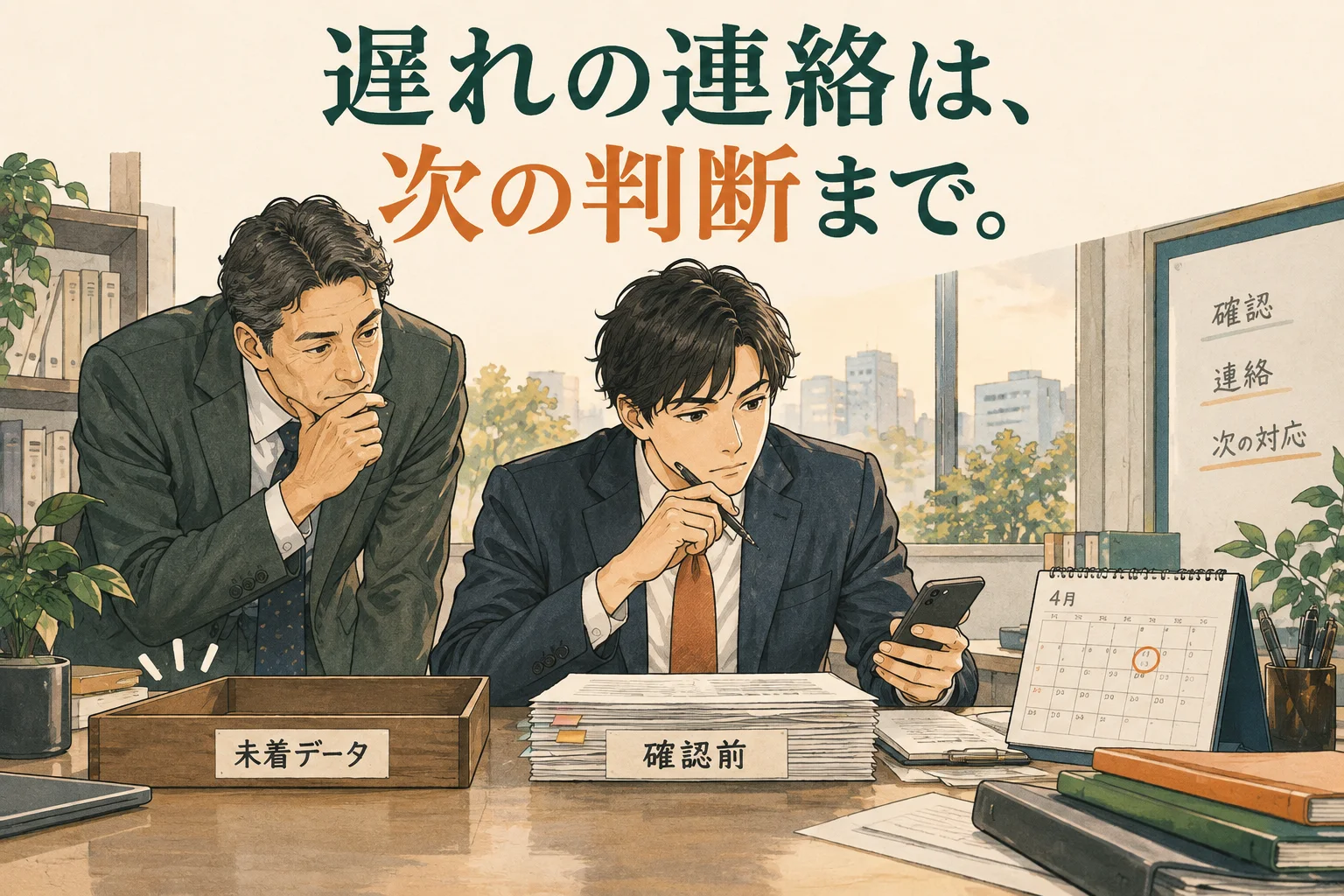 納期に間に合わないときの報告とメール例文|未確定でも伝えること、調整する順番の主題を描いた独自の生成イラスト。