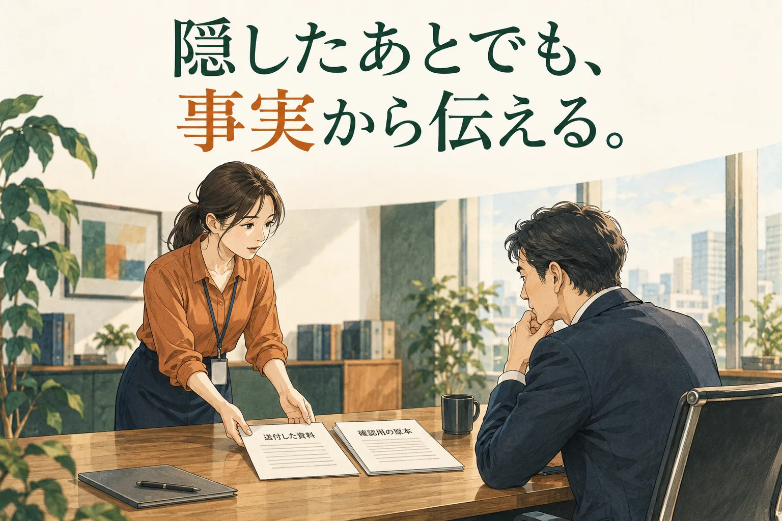 仕事のミスを隠して罪悪感があるとき|今から報告する文例と、以前の説明を訂正する手順の主題を描いた独自の生成イラスト。