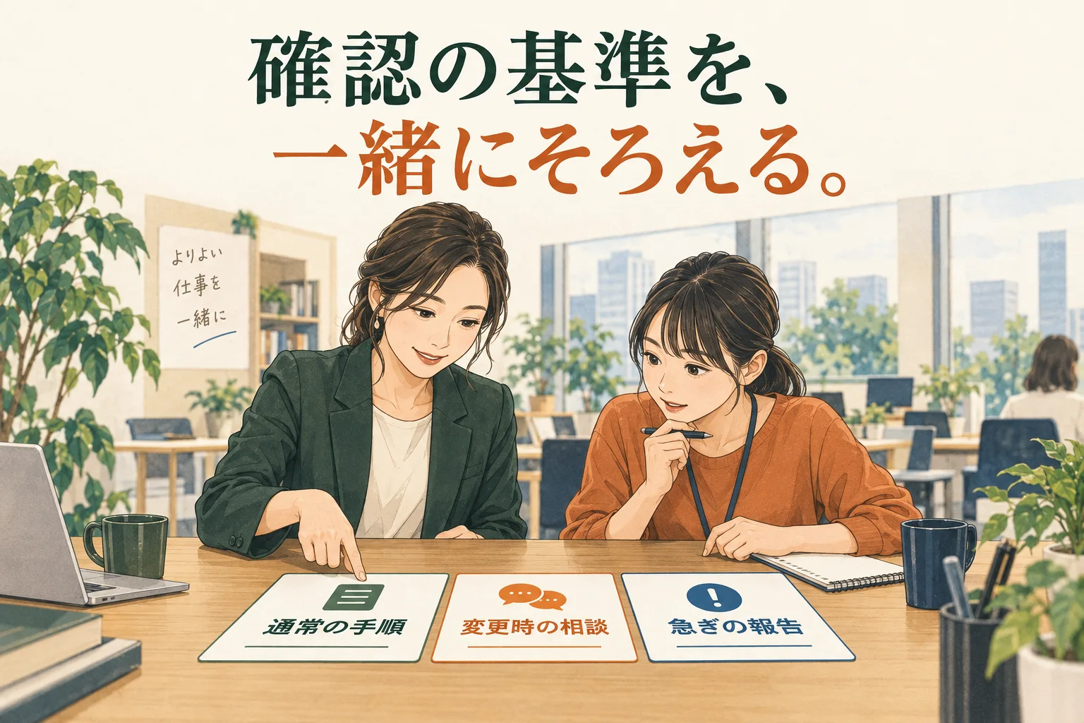 仕事で確認ばかりする人に疲れたら｜必要な相談を残し、確認の範囲と時間をそろえるの主題を描いた独自の生成イラスト。