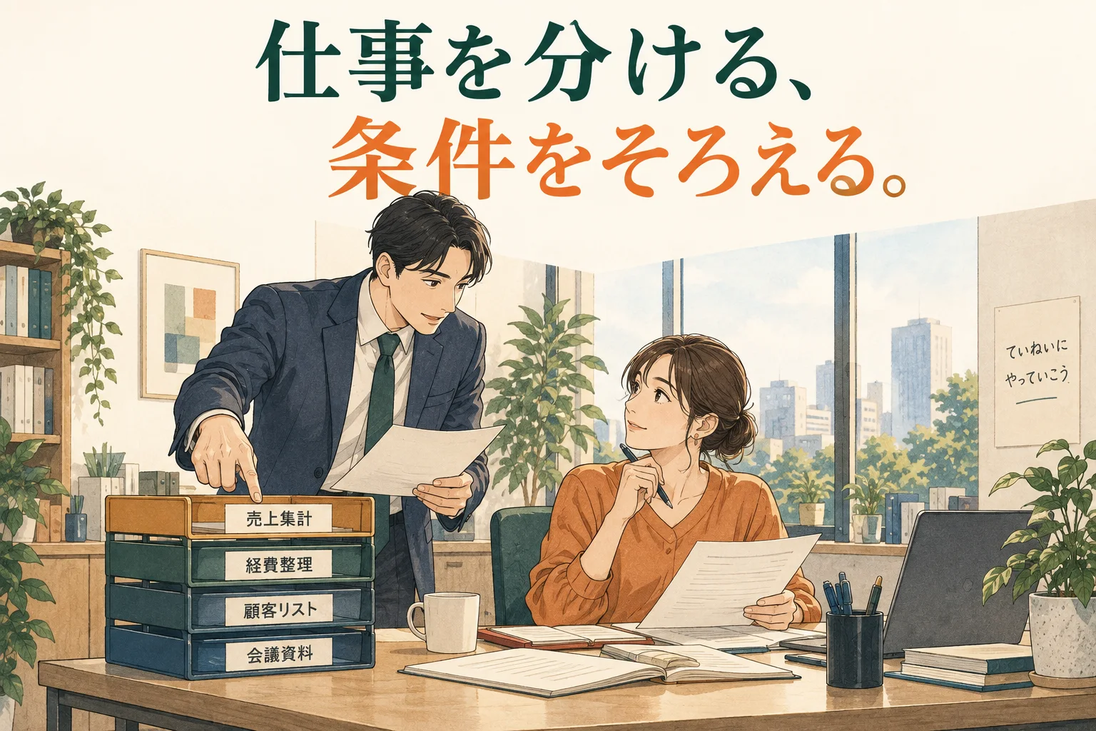 仕事を抱え込む人に困ったら｜「手伝うよ」で止まらない、作業の分け方と相談例の主題を描いた独自の生成イラスト。