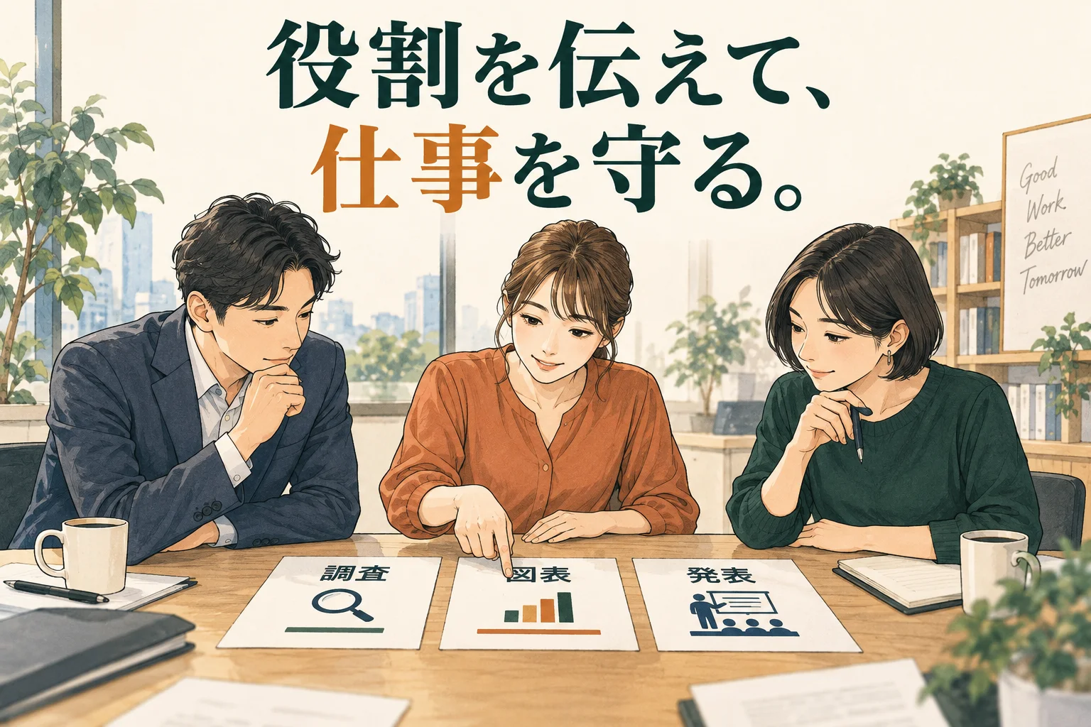仕事を横取りする人への対処法｜手伝い・担当変更・成果の横取りを分けて伝えるの主題を描いた独自の生成イラスト。