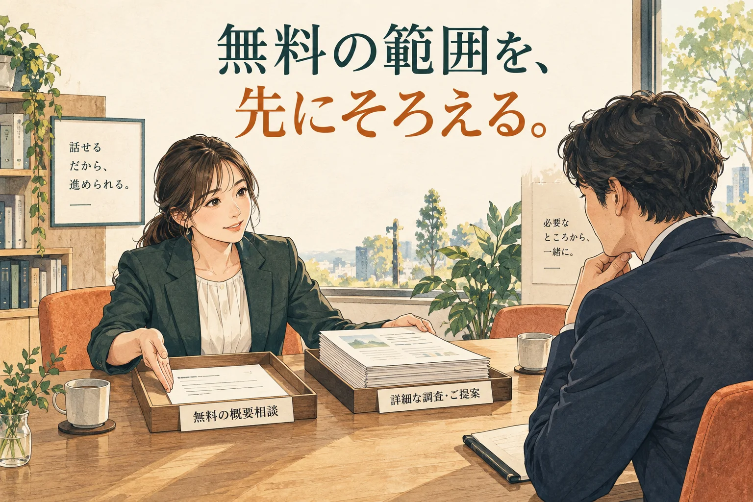 見積もり無料はおかしい？作る側が決めたい無料範囲と、有料調査の伝え方の主題を描いた独自の生成イラスト。