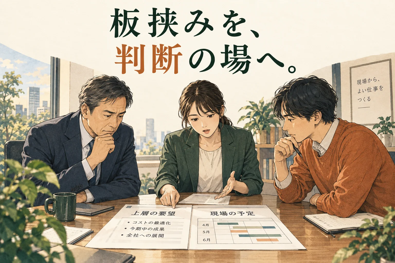 中間管理職の板挟みを減らすには|上への相談・部下への説明・決められない仕事の戻し方の主題を描いた独自の生成イラスト。