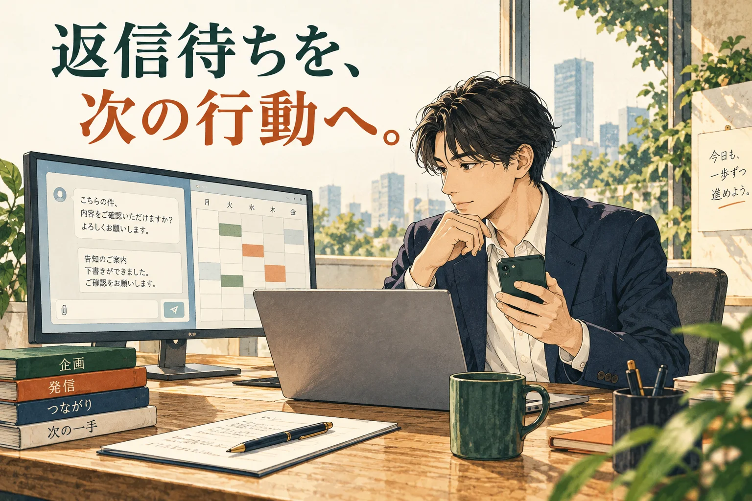 仕事のチャットに返事がないとき｜催促文・期限の伝え方・連絡先を変える判断の主題を描いた独自の生成イラスト。