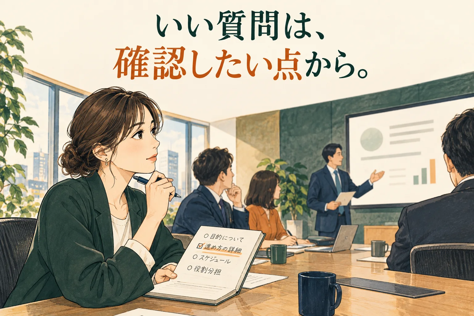 プレゼンの質疑応答で使える質問例｜聞き手が確認したいことを見つける手順の主題を描いた独自の生成イラスト。