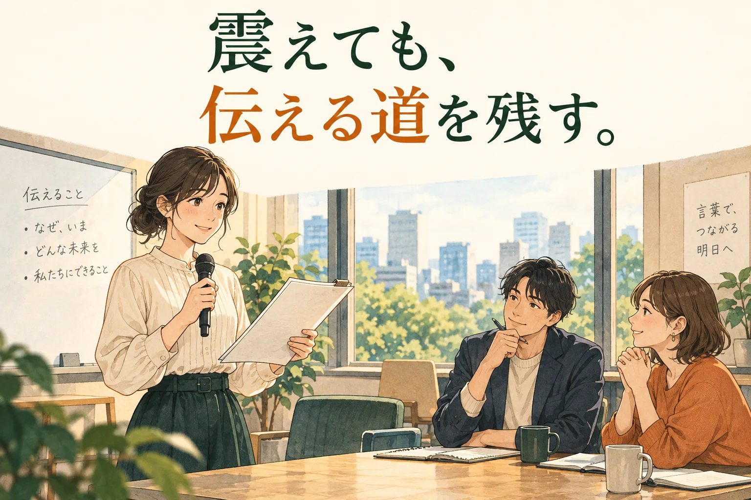 プレゼンで緊張して声が震えるとき|冒頭・原稿・マイクの備えと、詰まった場合の言い方の主題を描いた独自の生成イラスト。