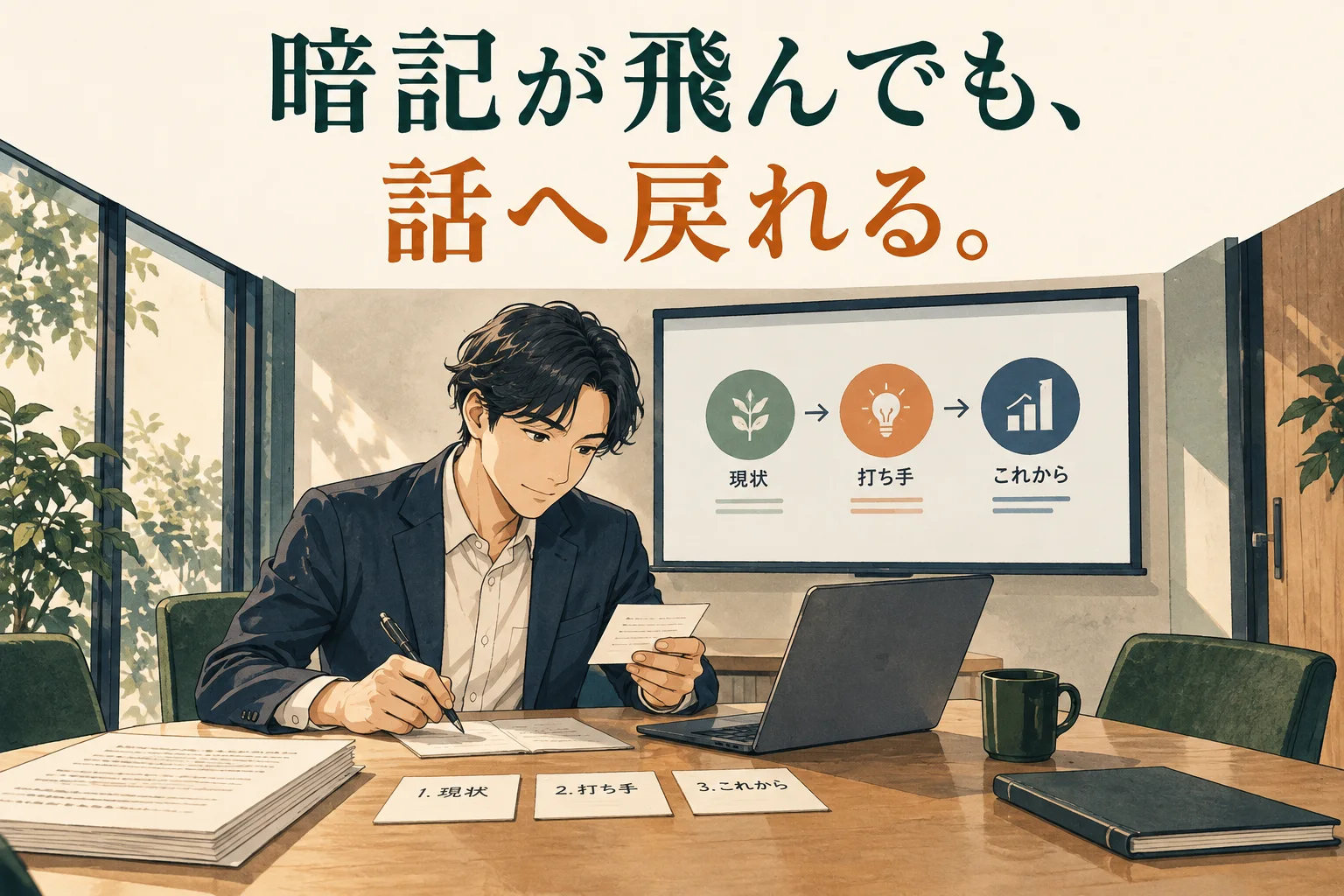 プレゼン原稿を覚えられないときは｜要点メモと、途中で忘れても戻れる練習の主題を描いた独自の生成イラスト。