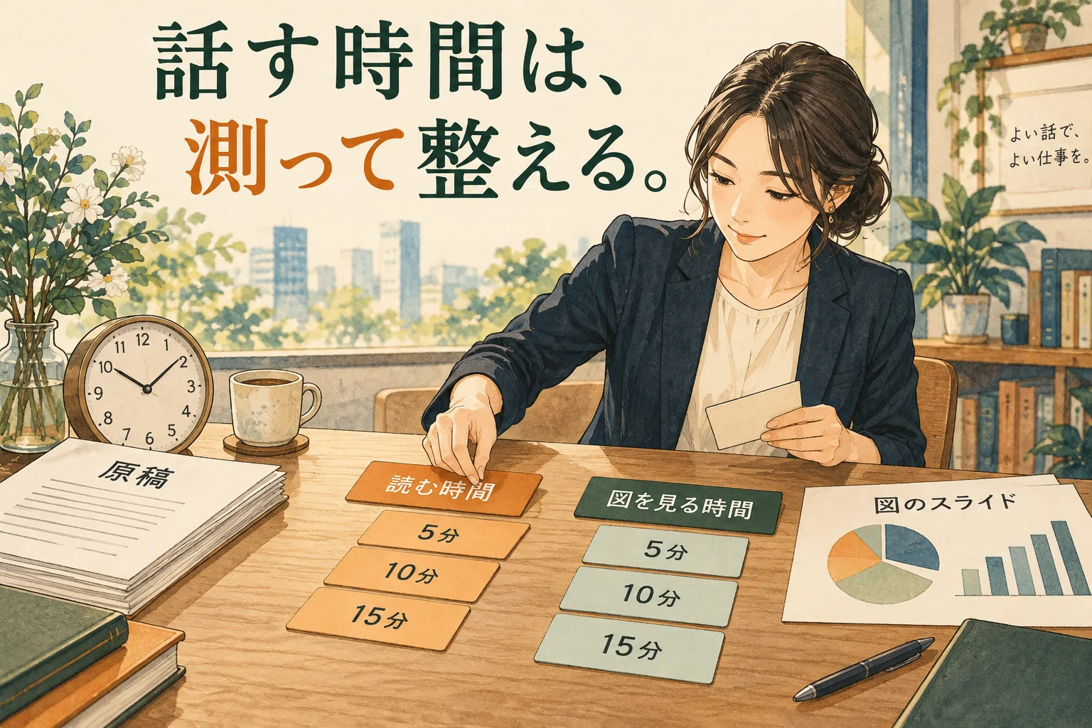 プレゼンの時間は何文字で見積もる?実測から調整する、10分発表の配分例の主題を描いた独自の生成イラスト。