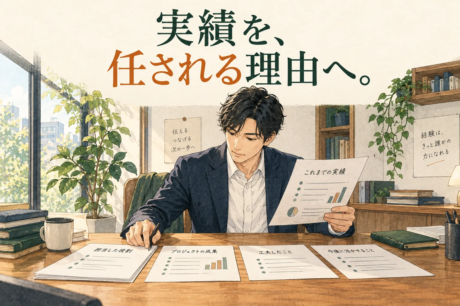 昇進試験の面接対策｜役割と実績をつなぐ回答例・深掘り質問への準備の主題を描いた独自の生成イラスト。