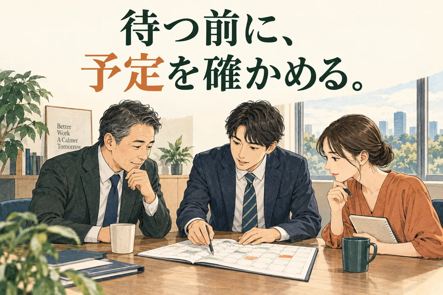 昇進はいつ言われる？｜打診・内示・辞令の違いと、連絡待ちで確認することの主題を描いた独自の生成イラスト。