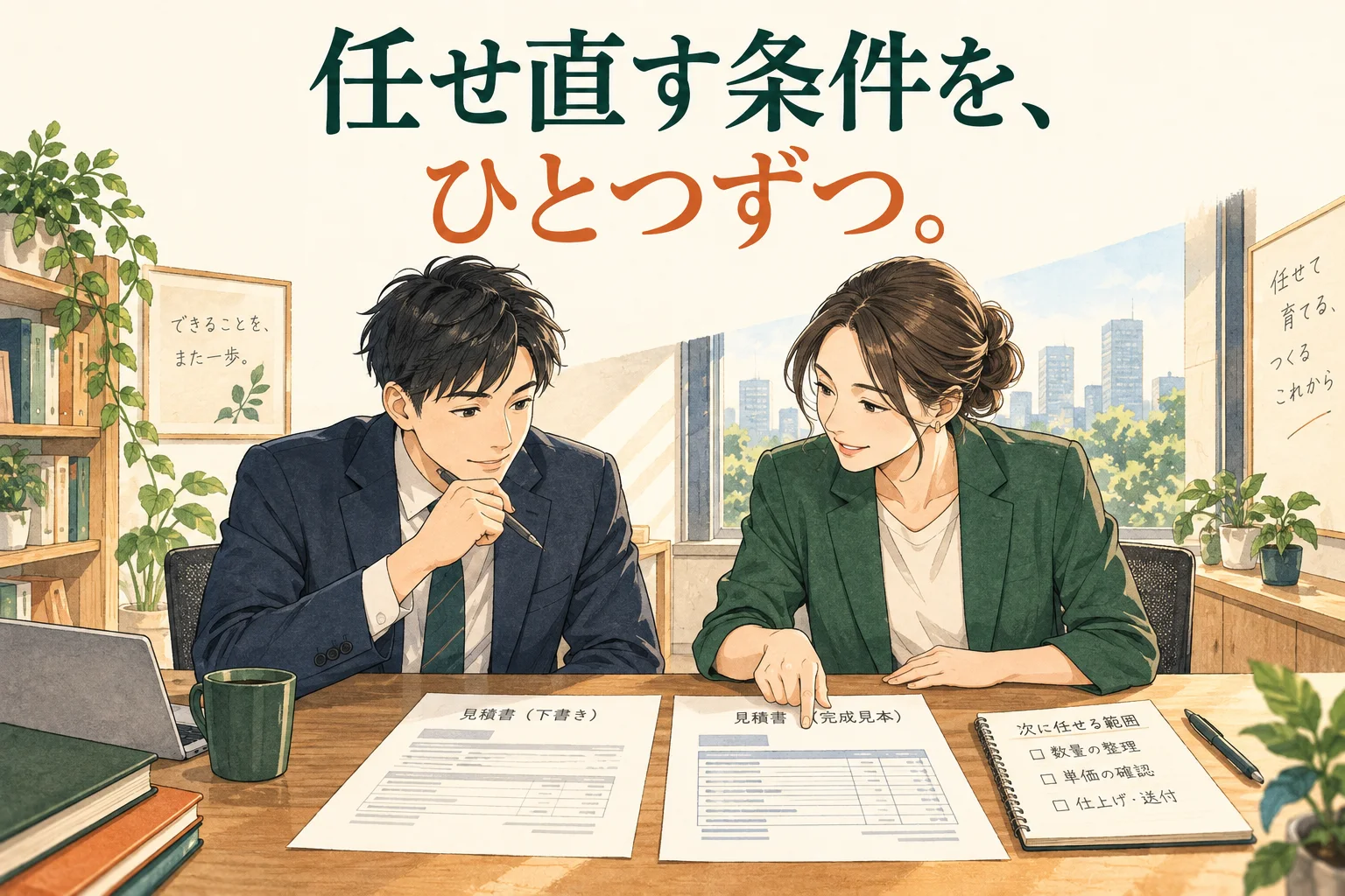 「仕事を任せられない」と言われたら|理由の聞き方と小さく任せ直してもらう手順の主題を描いた独自の生成イラスト。