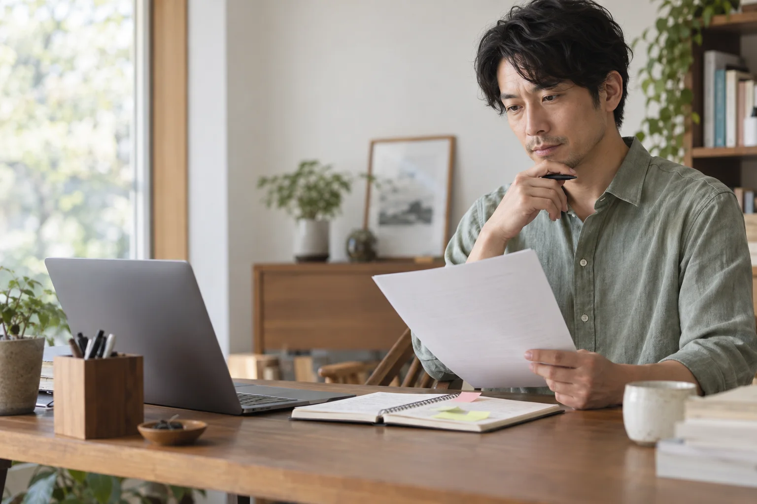 連絡文と手帳を見比べる架空の仕事場