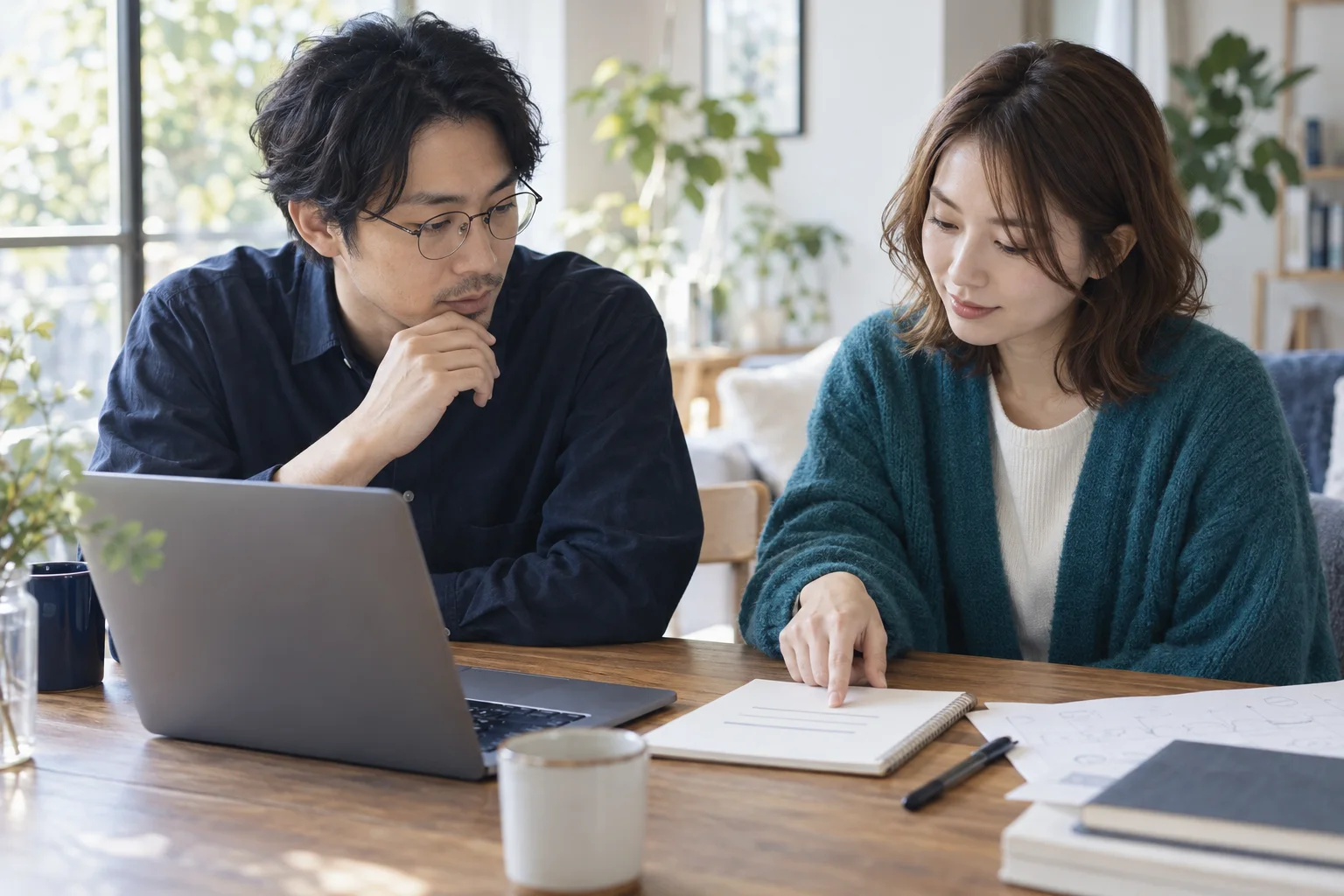 紙の下書きとPCを比較して、日本語の入力を相談する架空の二人