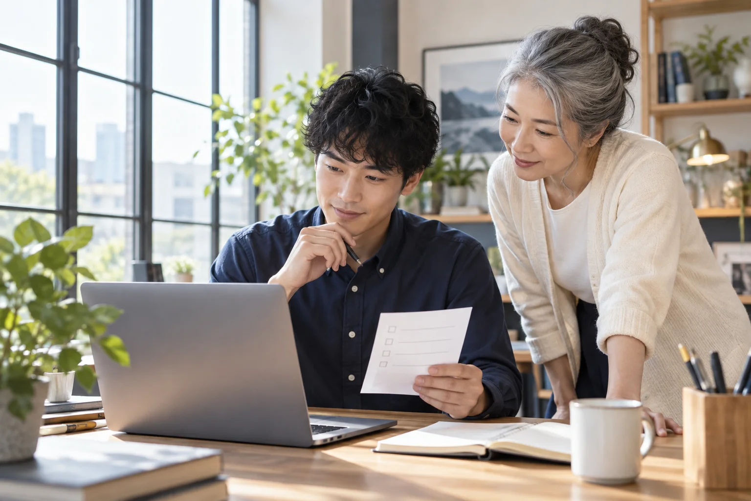 文書の接続設定をノートとPCで確認する架空の開発者