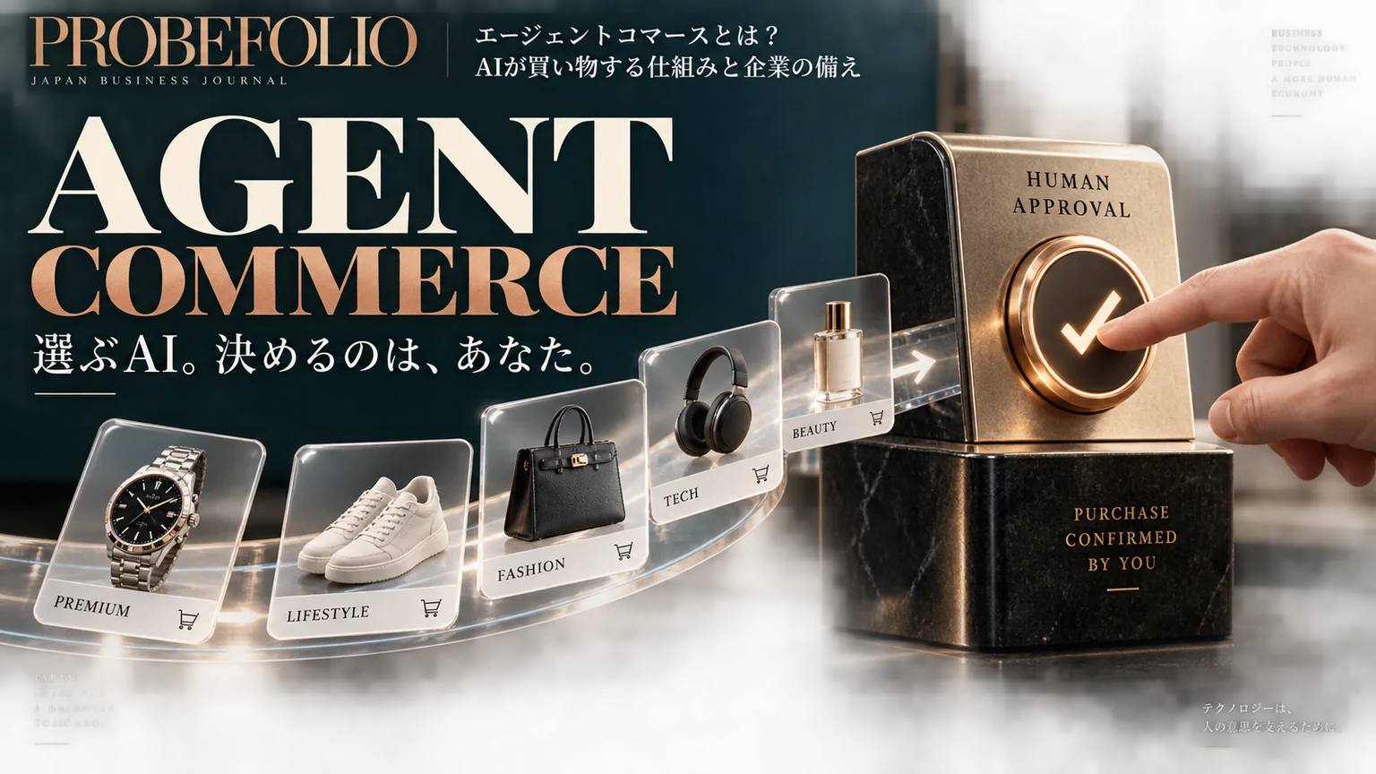 AGENT COMMERCEを題材にしたPROBEFOLIOの表紙。AI生成のコンセプト画像。