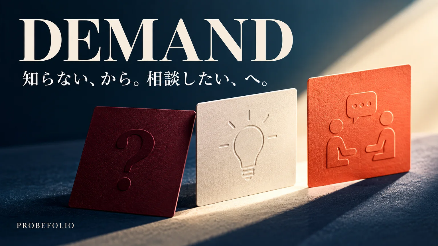 DEMANDを題材にしたPROBEFOLIOの表紙。AI生成のコンセプト画像。