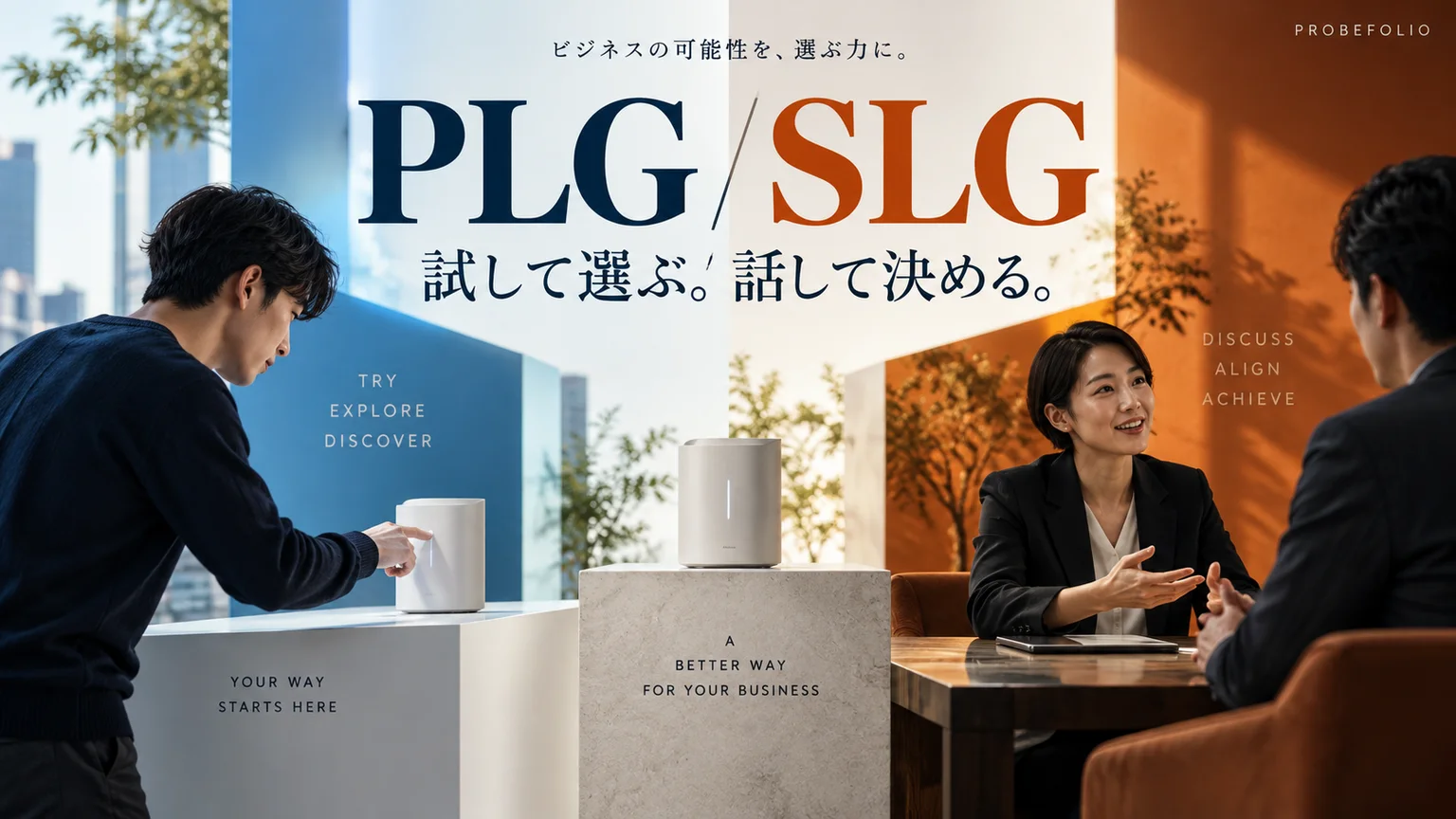 PLG / SLGを題材にしたPROBEFOLIOの表紙。AI生成のコンセプト画像。