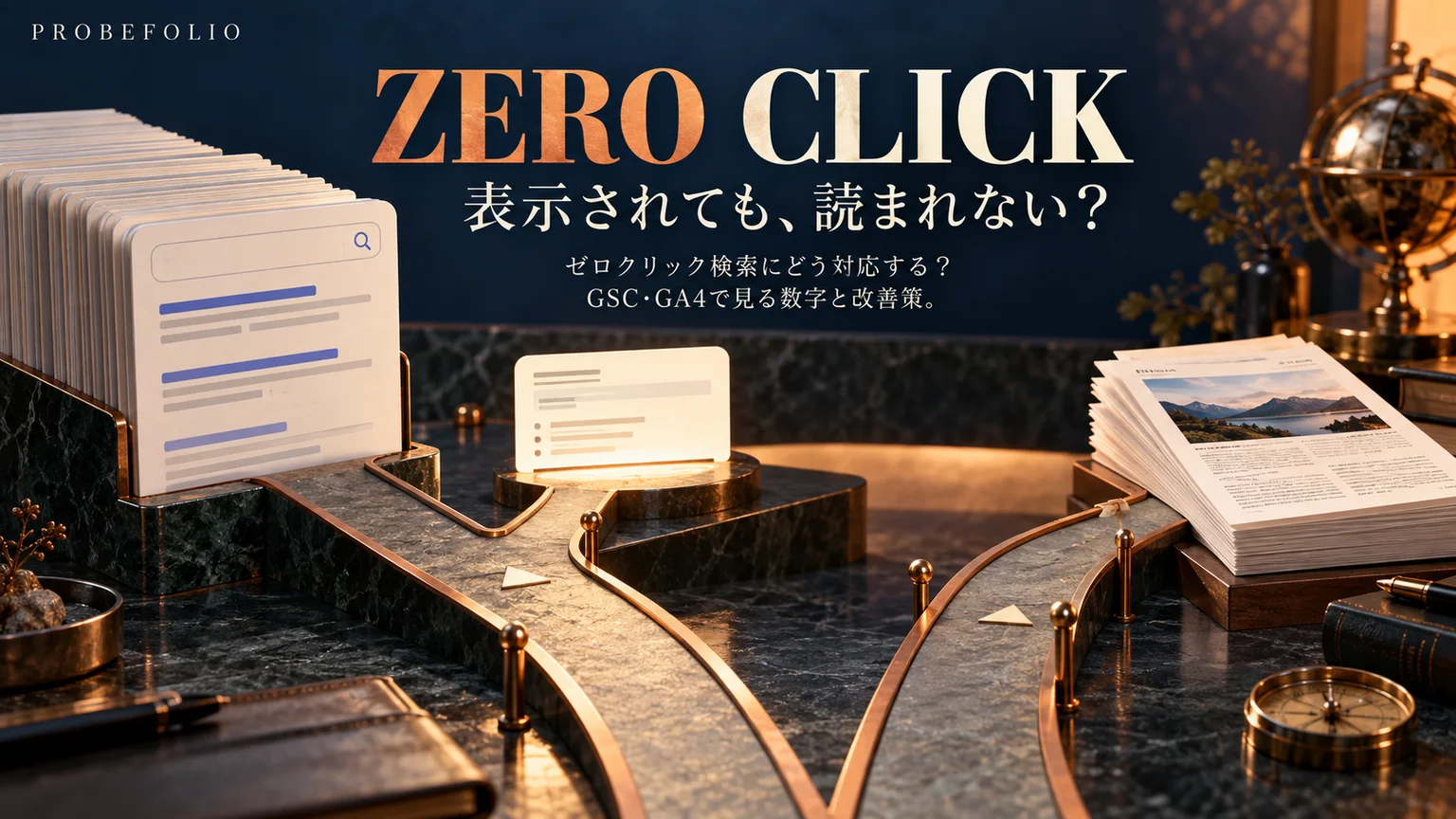 ZERO CLICKを題材にしたPROBEFOLIOの表紙。AI生成のコンセプト画像。