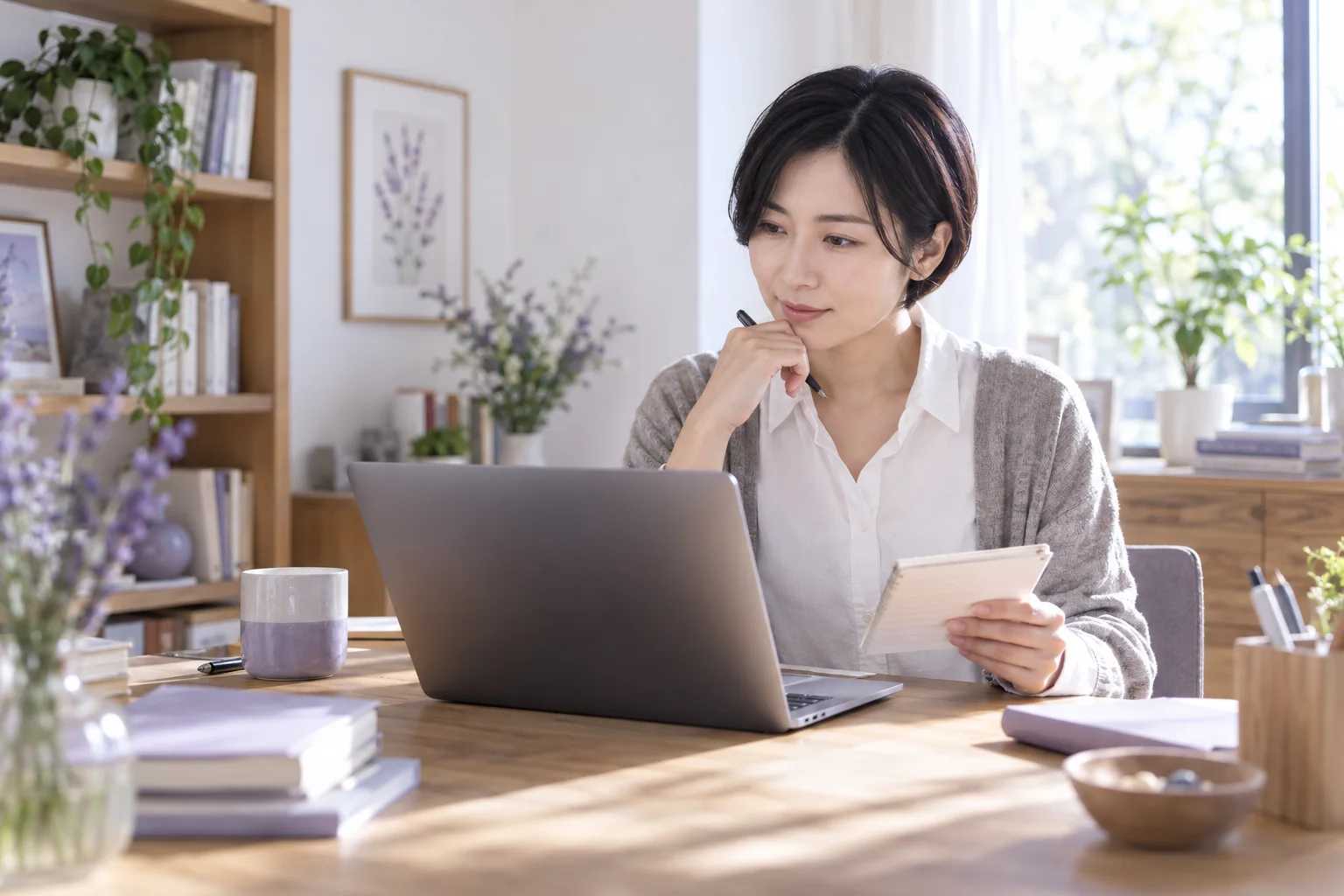 PCとメモを見比べる架空の女性