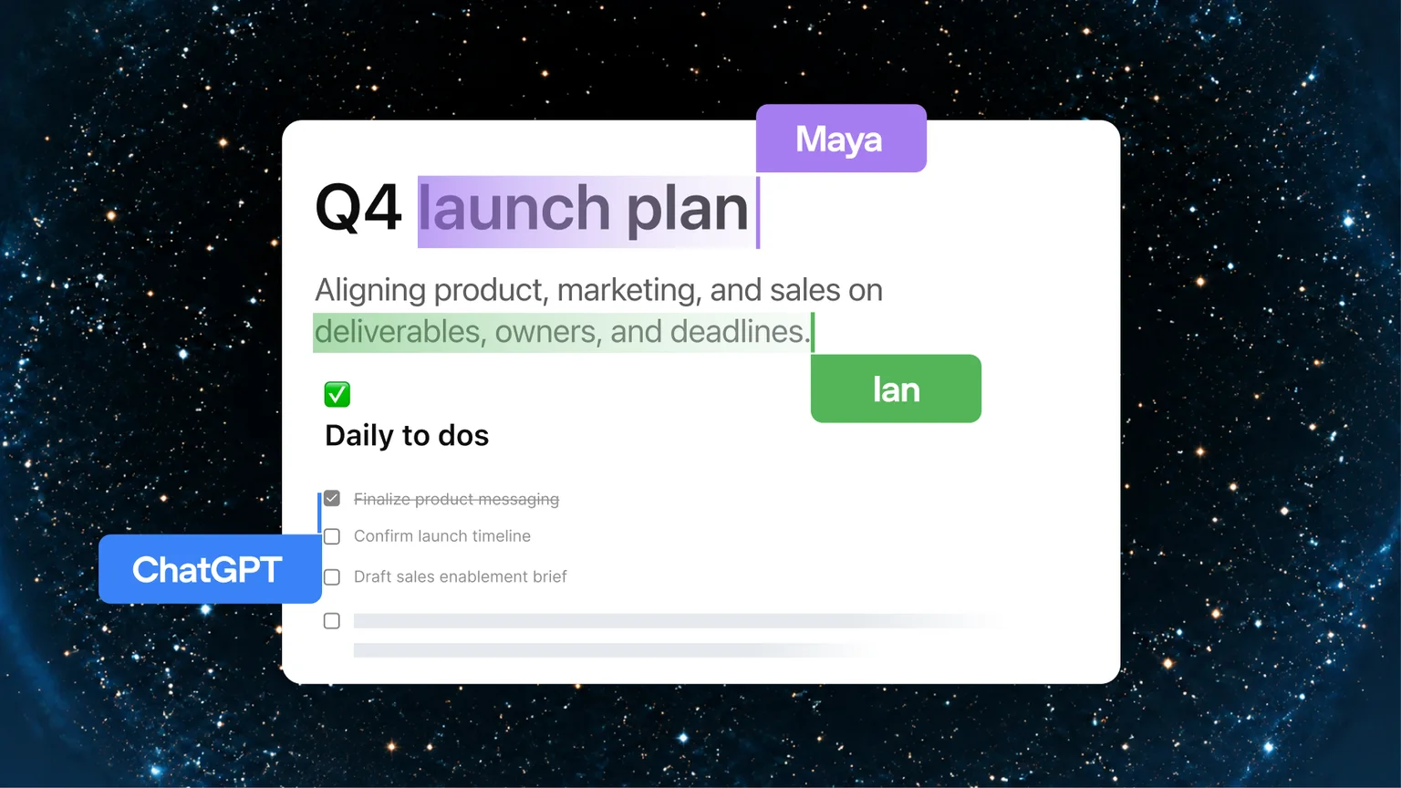 「Q4 launch plan」のページを、Maya、Ian、ChatGPTが同時に編集している公式ビジュアル(出典:OpenAI)