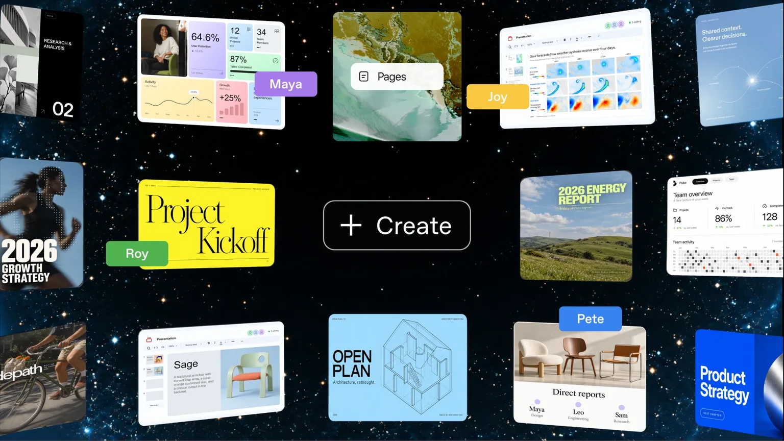 多数のページやスライドが並ぶChatGPT Spaceの公式ビジュアル（出典：OpenAI）