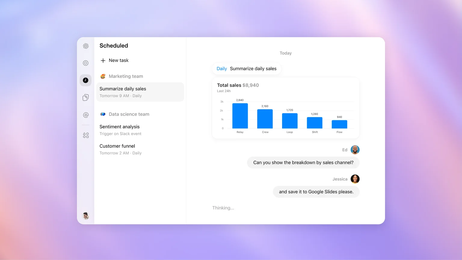 「Scheduled」の画面に、マーケティングチームの毎日の売上要約などが並ぶ公式ビジュアル(出典:OpenAI)