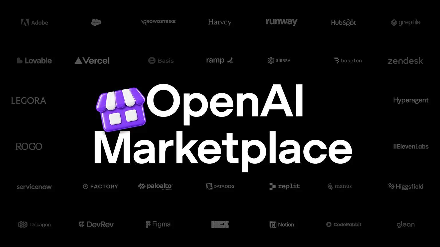 「OpenAI Marketplace」の文字を中心に、Adobe、Figma、Salesforceなど、パートナーのロゴが並ぶ公式ビジュアル(出典:OpenAI)